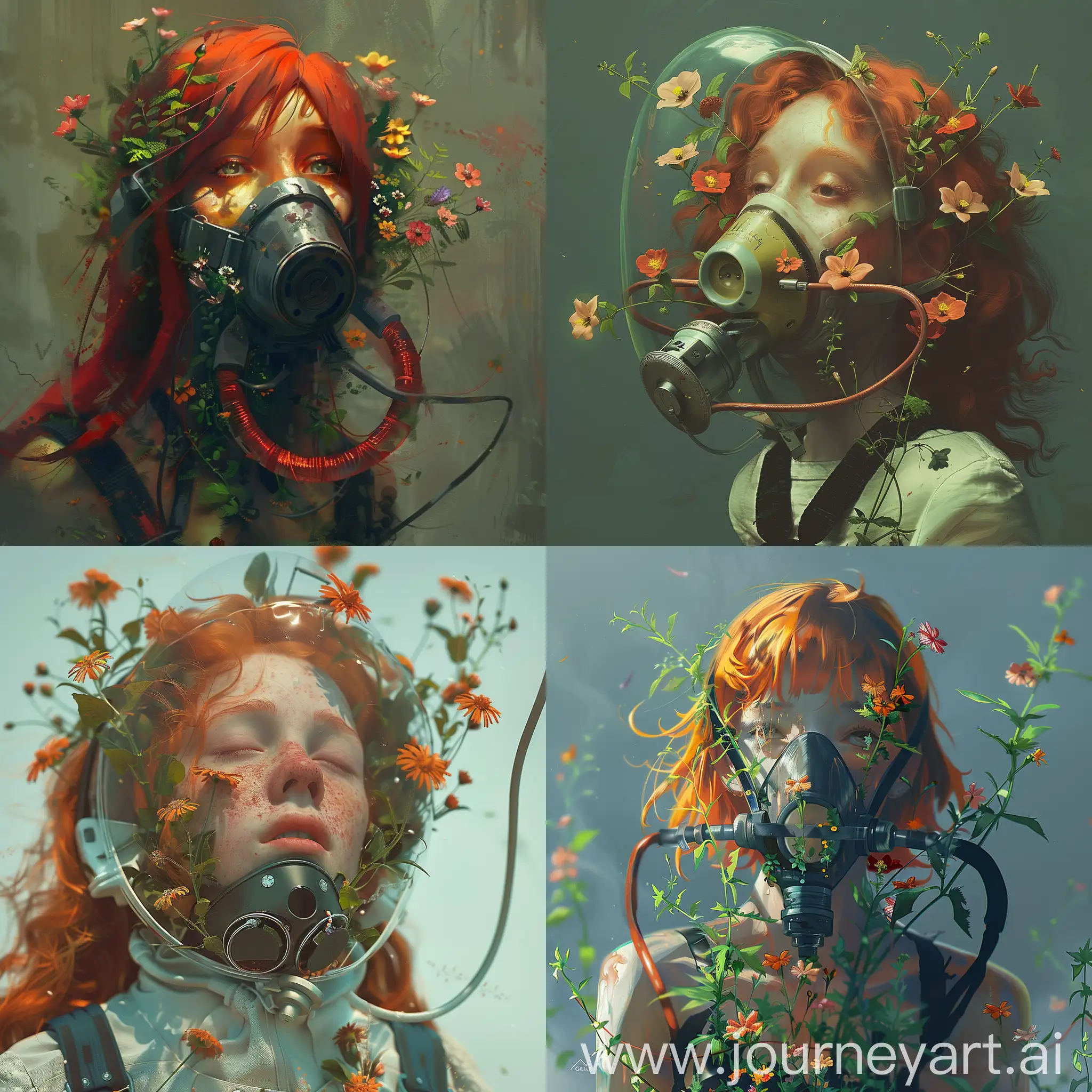 Redhead-Girl-Wearing-Respirator-with-Blossoming-Flowers
