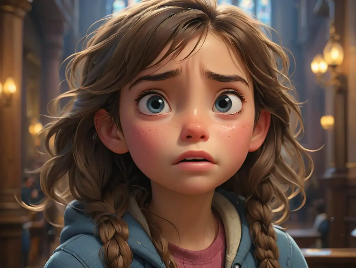 a young girl Tears welled up in her eyes, background art exhibition in the town hall, 3d disney inspire