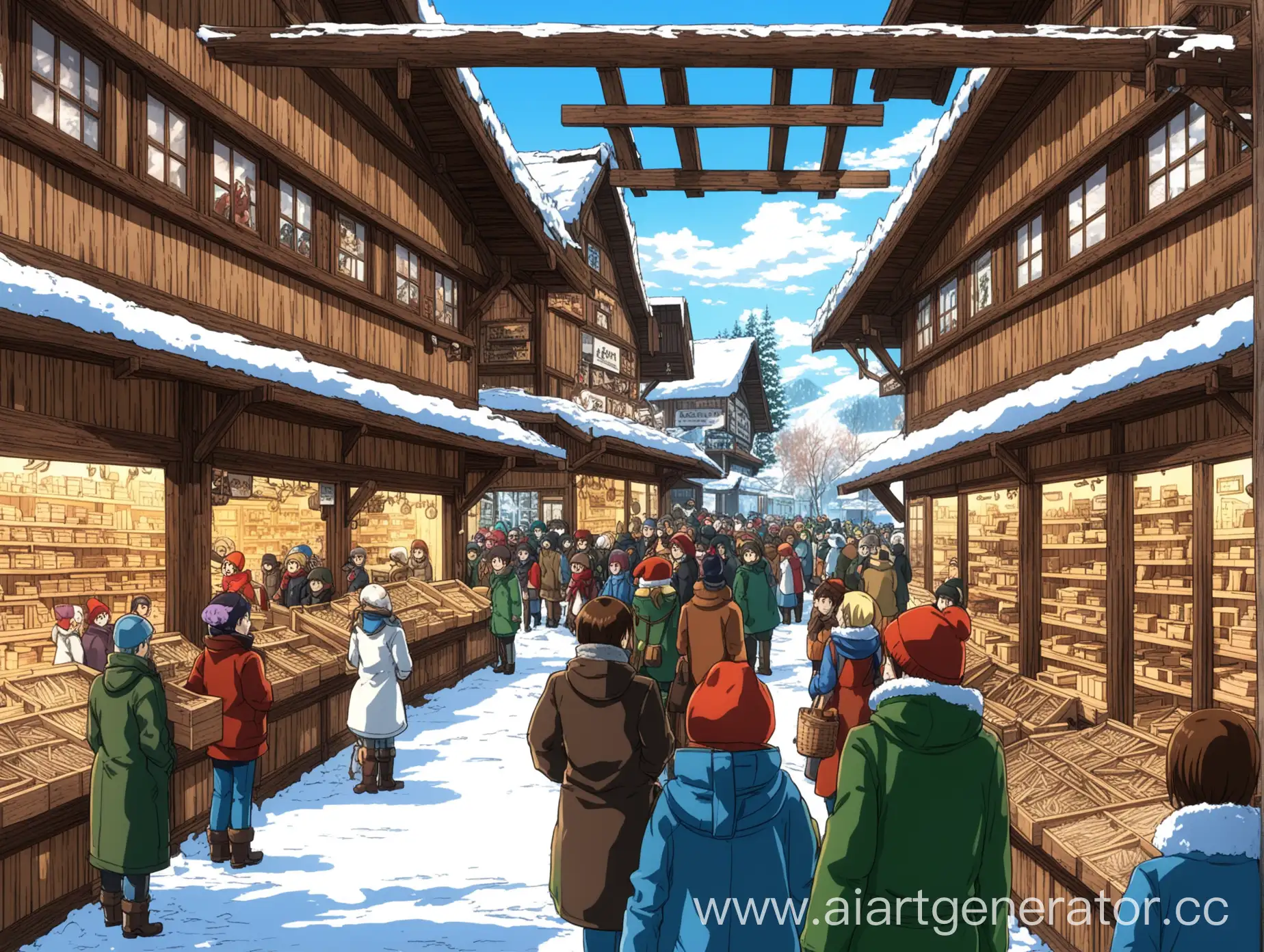 Winter wooden shop, with a lot of people, in super anime style 