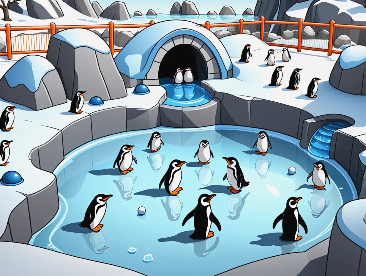 cartoon A cartoon-style zoo exhibit featuring playful penguins in an outdoor habitat. The exhibit includes icy terrain, rocks, and a shallow pool for swimming. There are toys like balls and floating objects for the penguins to interact with. The viewing area for visitors has glass panels and is decorated with cheerful and engaging elements suitable for a children's cartoon series