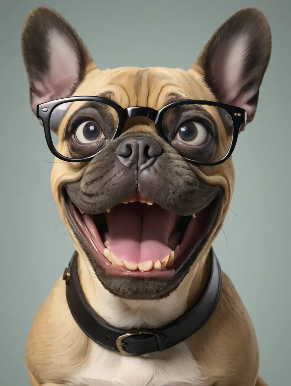 headshot of a French Bulldog wearing black framed glasses with a big silly smile on face