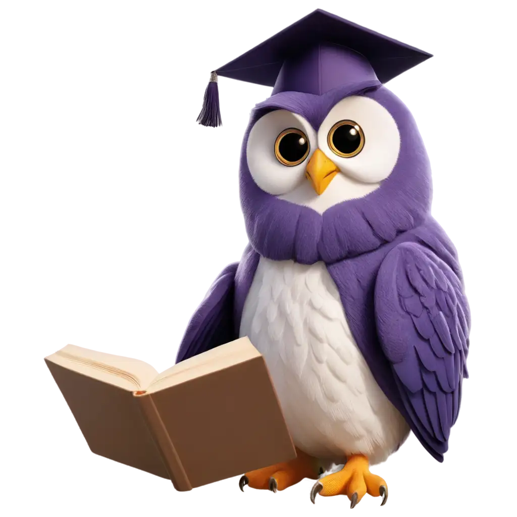 cute realsistic owl for readding web holding a book,purpule,white
