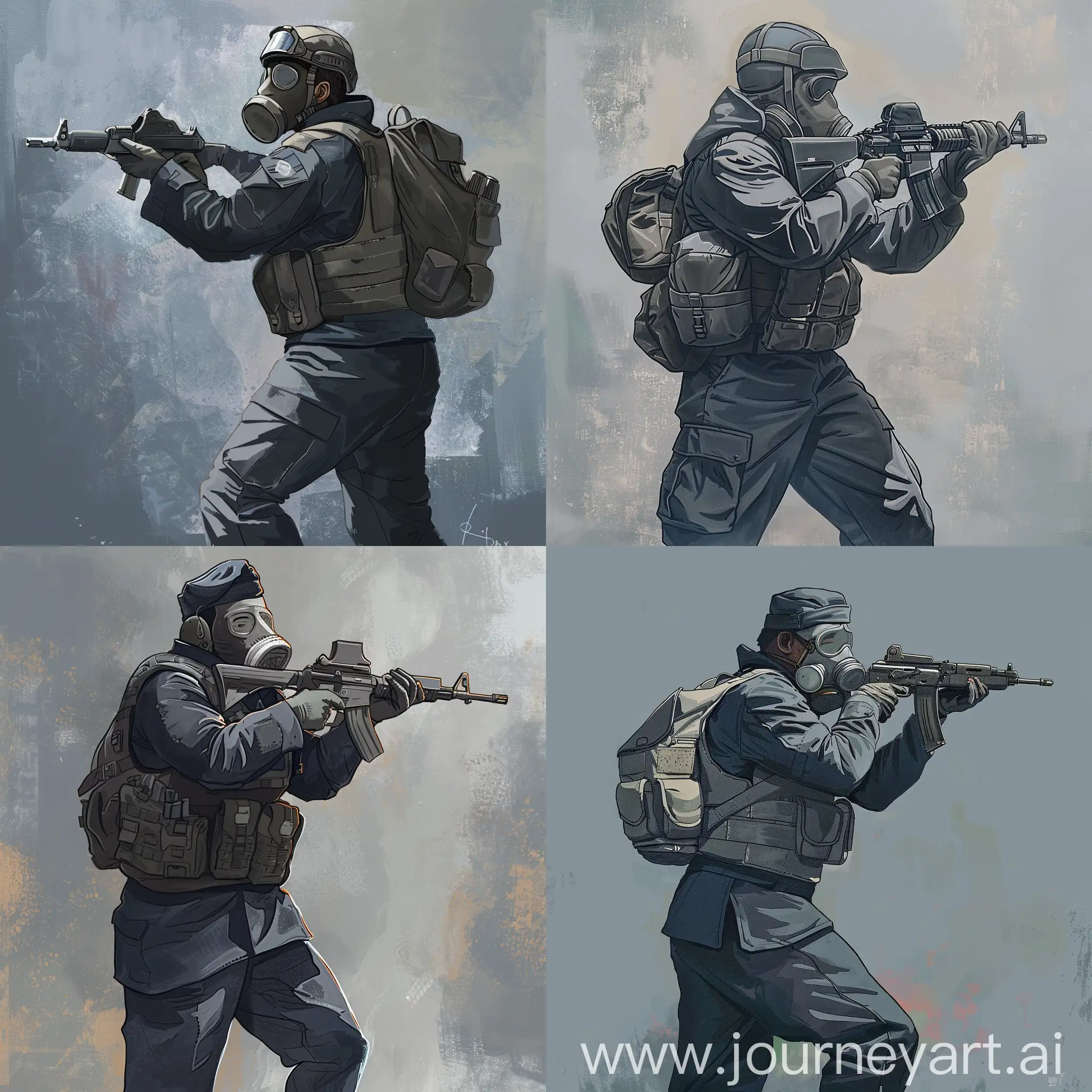 Concept art of a soldier, Dark blue uniform, military bulletproof vest, military unloading, a gasmask on his face, no hood, small military backpack on his back, and an MP-5 weapon in his hands.