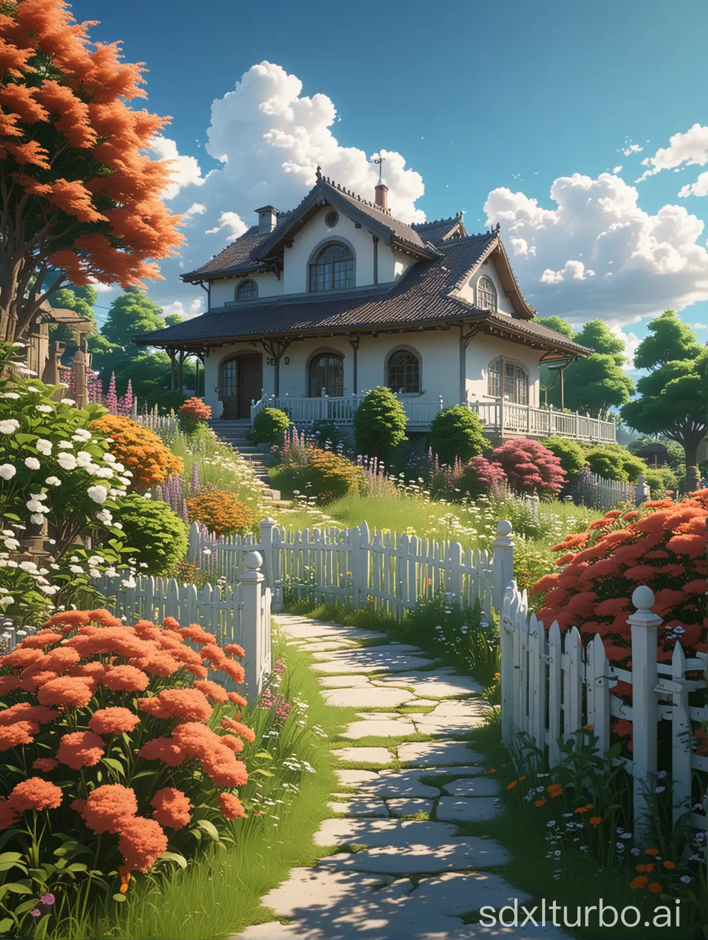 Studio Ghibli anime, A garden and a modern house, detailed, luminous sky, fluffy white clouds, flowers, grasses, fence, cinematic vivid, vibrant colors, shadows, unreal engine