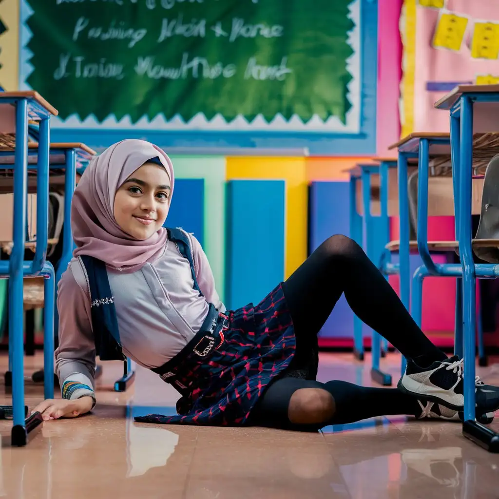 A girl, 13 years old, hijab, tight blouse, patterned school skirt, black opaque tights, sport shoes, in classroom. beautiful. elegant, petite. She lying on the ground. 