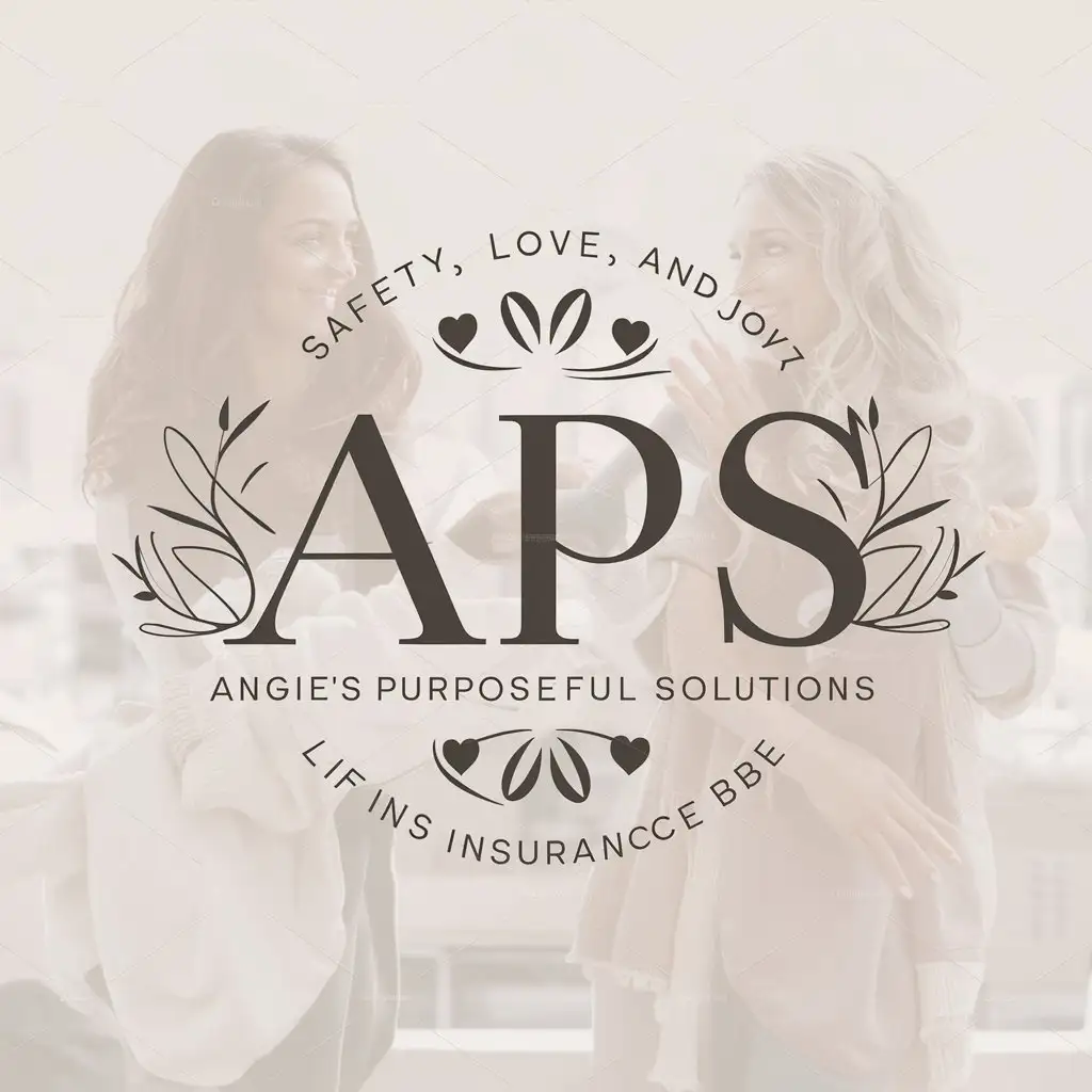 a logo design,with the text "APS", main symbol:NAME OF COMPANY: Angie's Purposeful Solutions, LOGO STYLE: Text and graphics but focus on elegant typeface, DESIGN FOCUS: Create stunning logo using APS short name of business, GRAPHICS: You can incorporate graphics that show safety, a hug, protection, love and joy. KEY WORDS: Life Insurance, professional logo, elegant design, feminine logo, defense logo, women owned business, Typeface logo, Signature logo, Peaceful,,complex,be used in Others industry,clear background