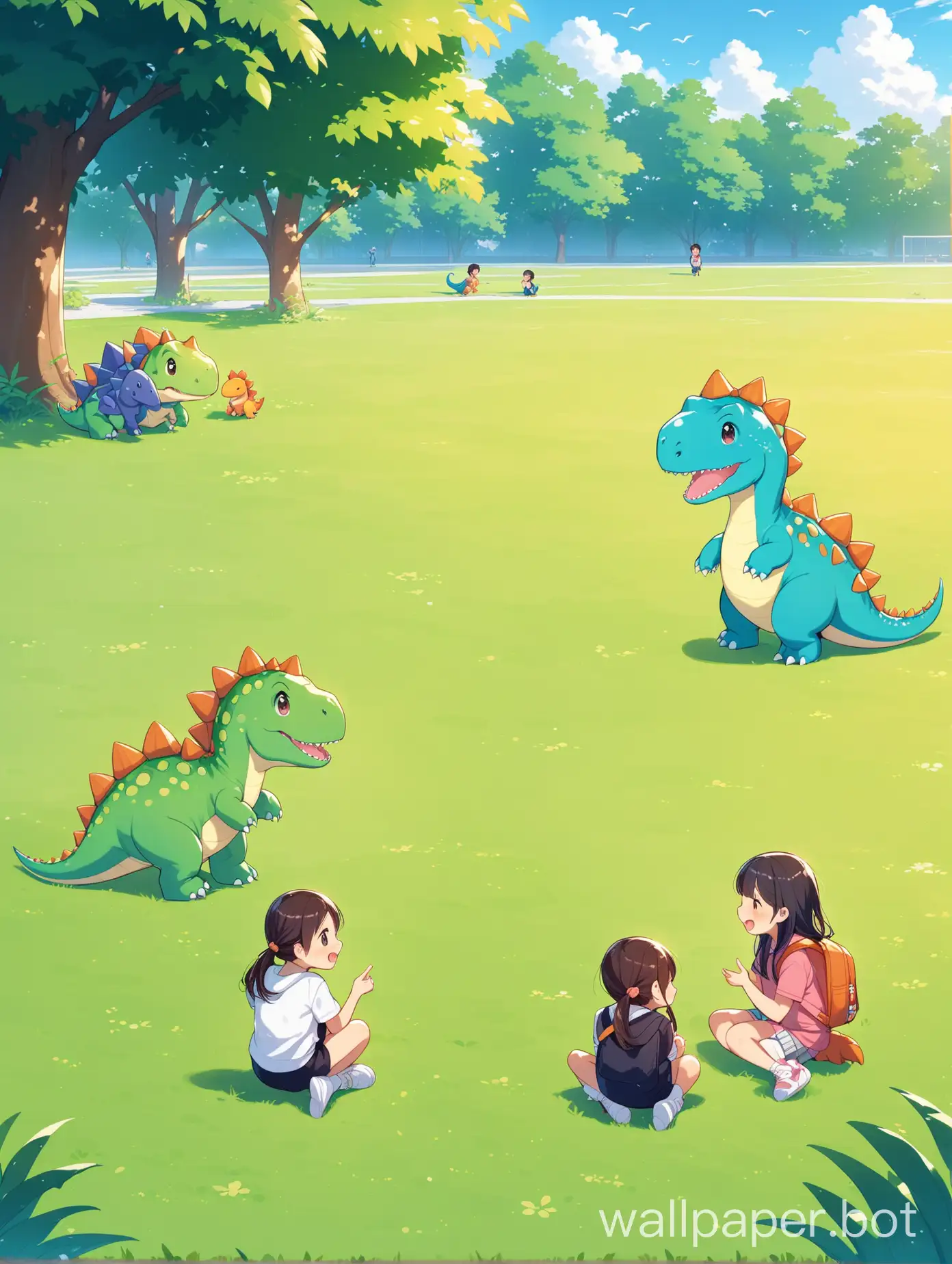 Adorable-Mini-Dinosaurs-Chatting-with-Elementary-School-Students-on-Grassy-Field