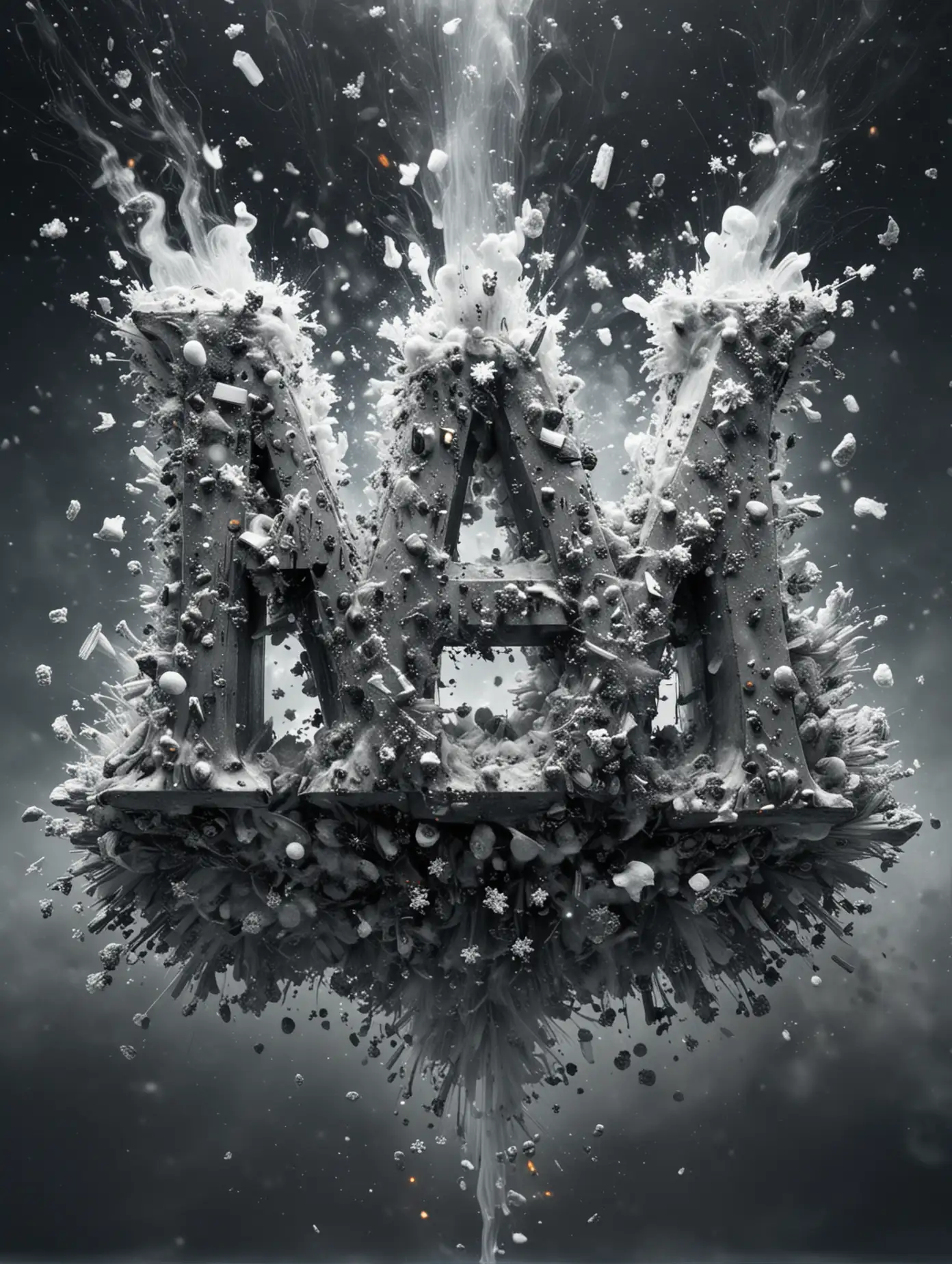 Smoke and ash and a little fire at the top, snowflakes and cold at the bottom, limited inside the letters "MAX.SILVER", on a light gray background, show the explosion of heat and cold that comes out of the letters "MAX.SILVER".