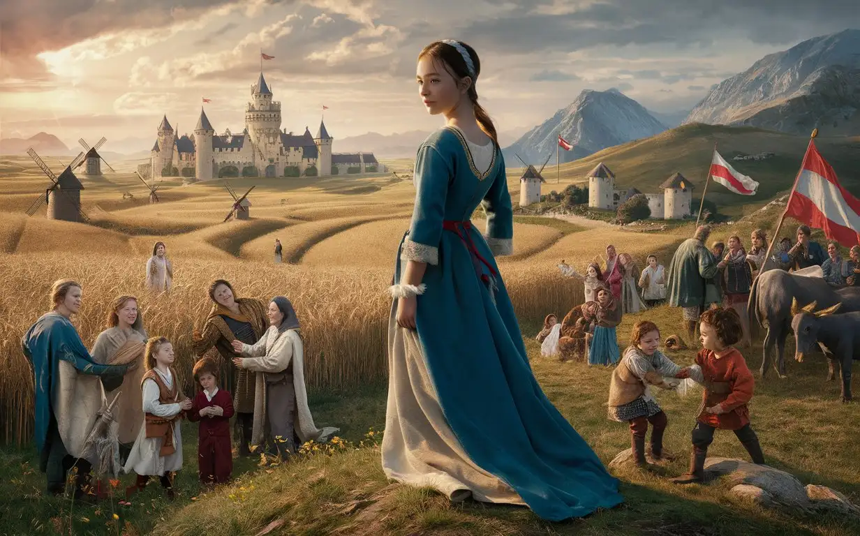 Medieval-Girl-Overlooking-Kingdom-with-Castle-and-Windmills