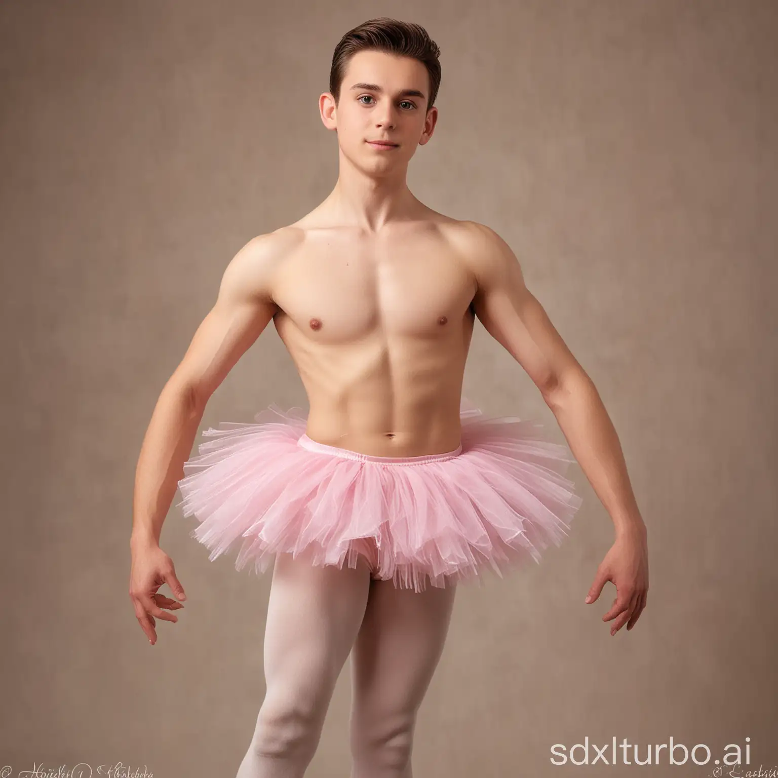 a handsome, fit, young adult male dressed in a short, stiff, tight, pink tutu and pointe shoes, standing on pointe, perfect face, clear faces, perfect eyes, perfect noses, clear faces, smooth skin, photograph style, the photo is captioned “father please!”