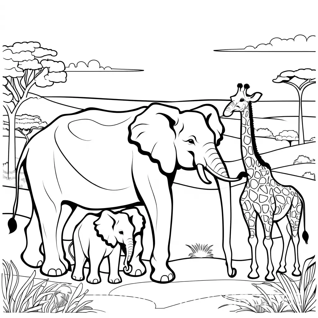 a lion, elephant and giraffe in the savannah, Coloring Page, black and white, line art, white background, Simplicity, Ample White Space. The background of the coloring page is plain white to make it easy for young children to color within the lines. The outlines of all the subjects are easy to distinguish, making it simple for kids to color without too much difficulty
