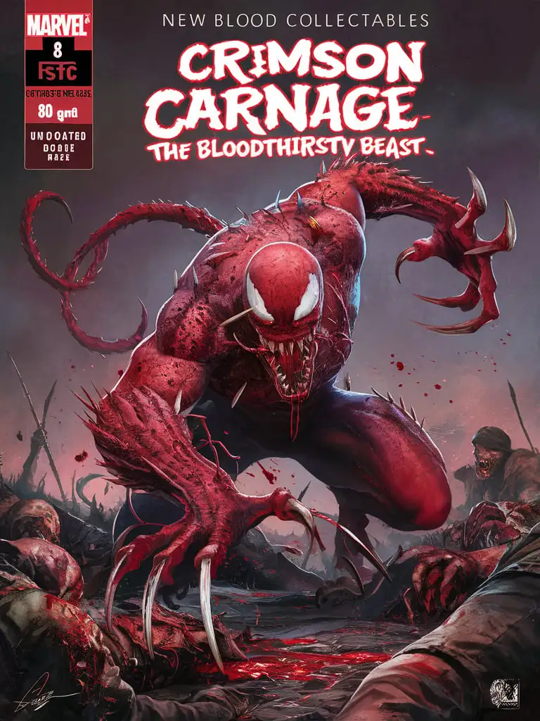 Design an 8K #1 comic book cover for "New Blood Collectables" featuring "Crimson Carnage, the Bloodthirsty Beast." Use FSC-certified uncoated matte paper, 80 lb (120 gsm), with a slightly textured surface. Description: Crimson Carnage lunges forward, its razor-sharp claws and teeth gleaming with bloodlust, as it gazes out upon a gruesome battlefield...
