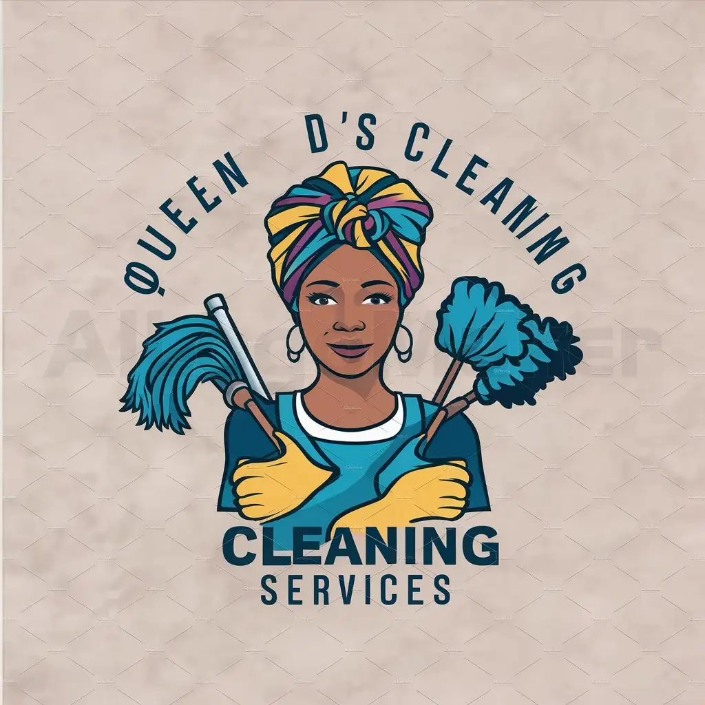 a logo design,with the text "Queen D's Cleaning Services", main symbol:an african lady wearing a headwrap with cleaning supplies,Moderate,be used in Others industry,clear background