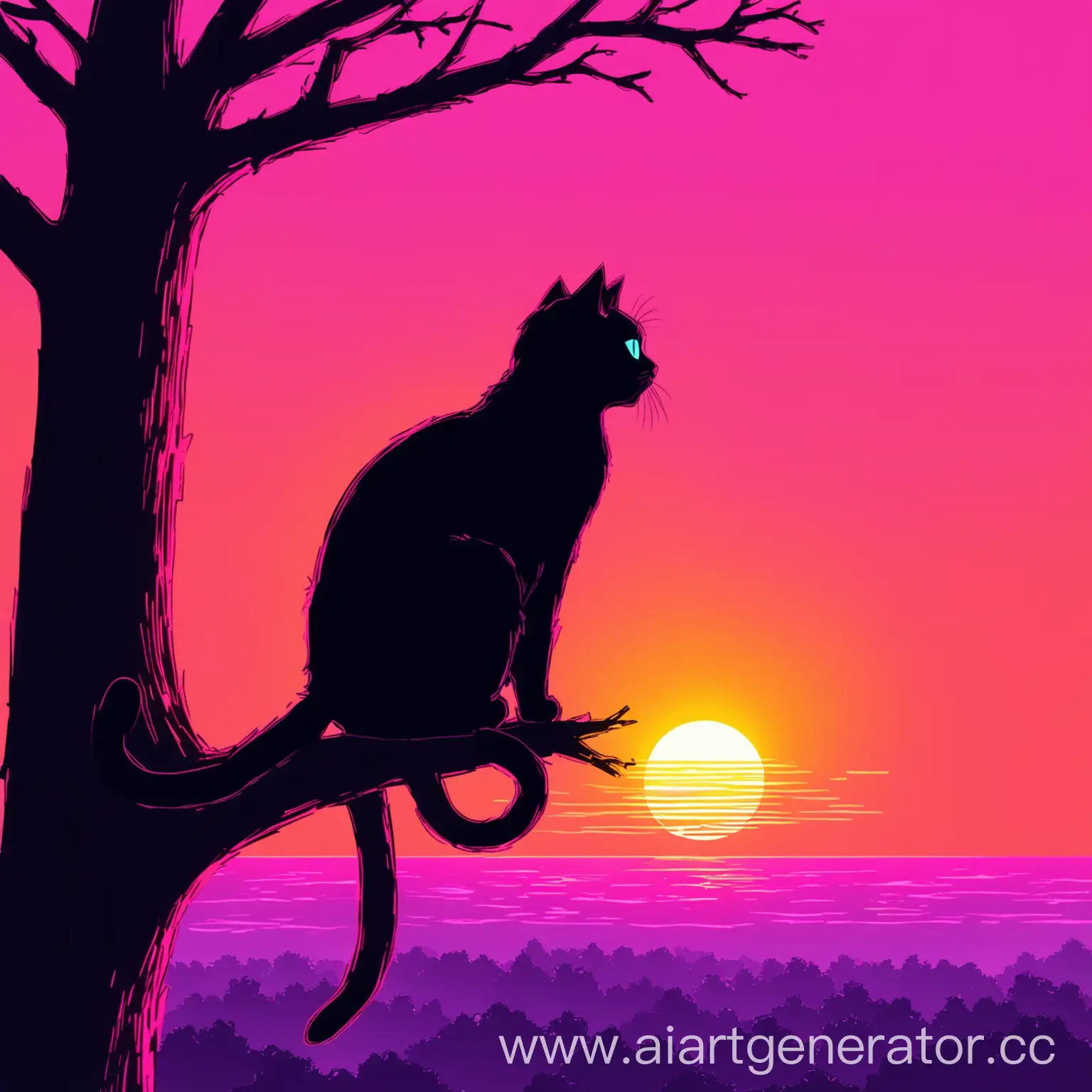 Кошка сидит на дереве и смотрит на закат розовую neon style