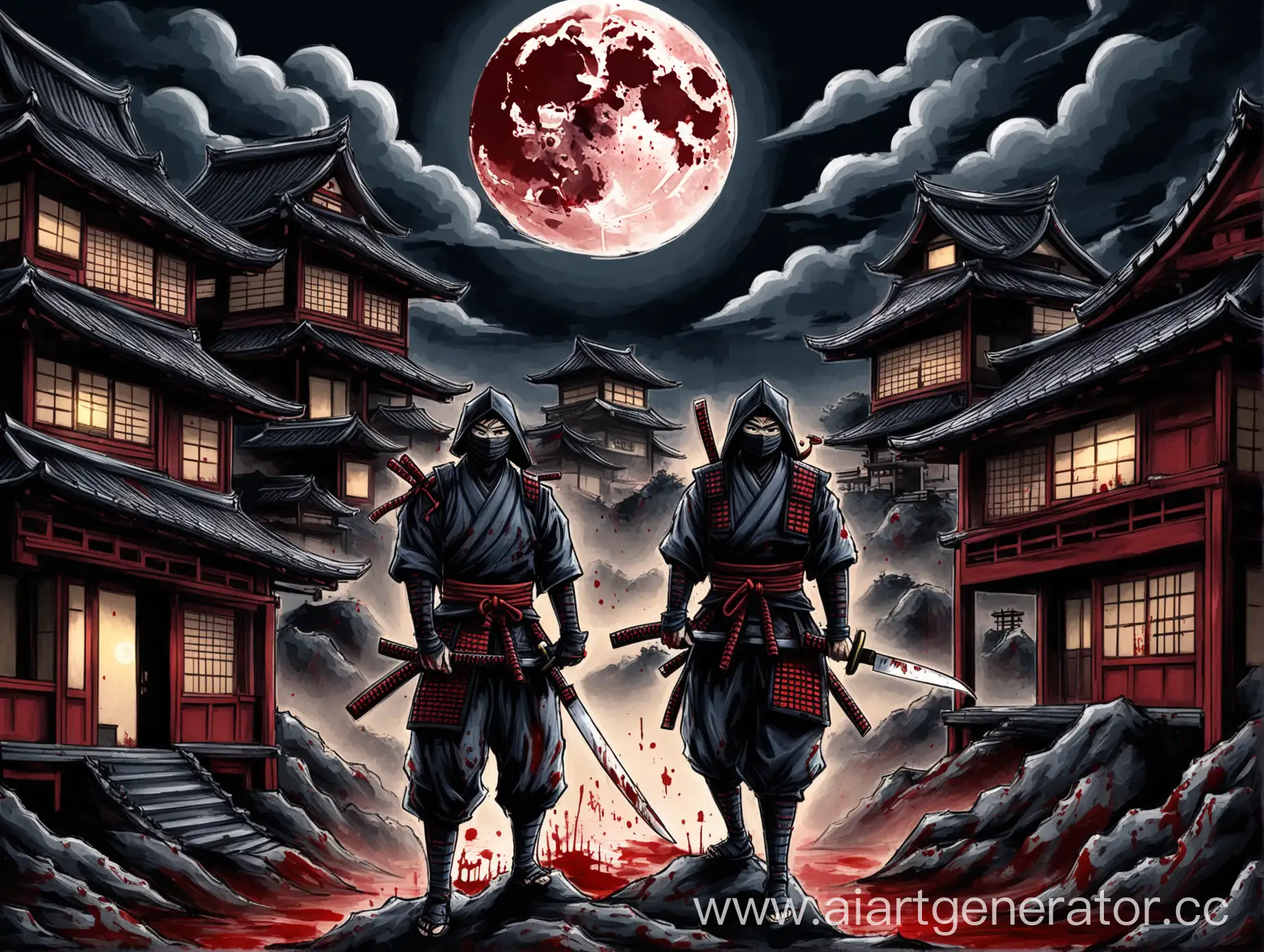 Убийца, нож, кровь, ниндзя, самурай, луна, дом