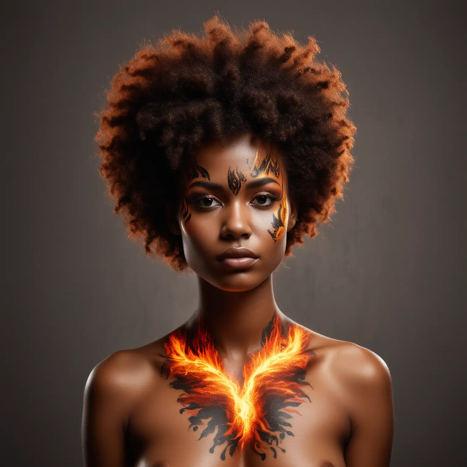 девушка с афро волосами на шее и лице нарисован боди арт в виде огня
