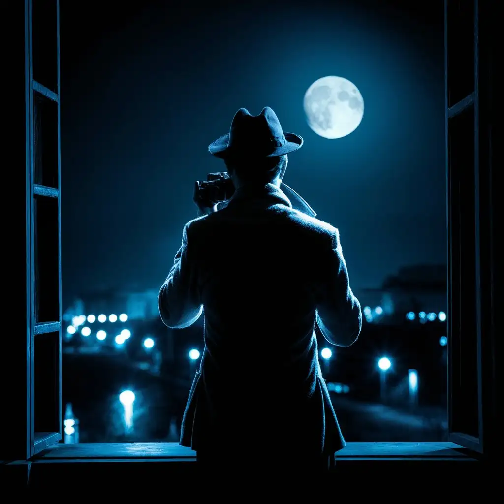 The noir-style setting. A silhouette of a man photographer stands at the window, looking out into the night. The moonlight gently illuminates his clothing and hat, casting a soft shadow over his face.