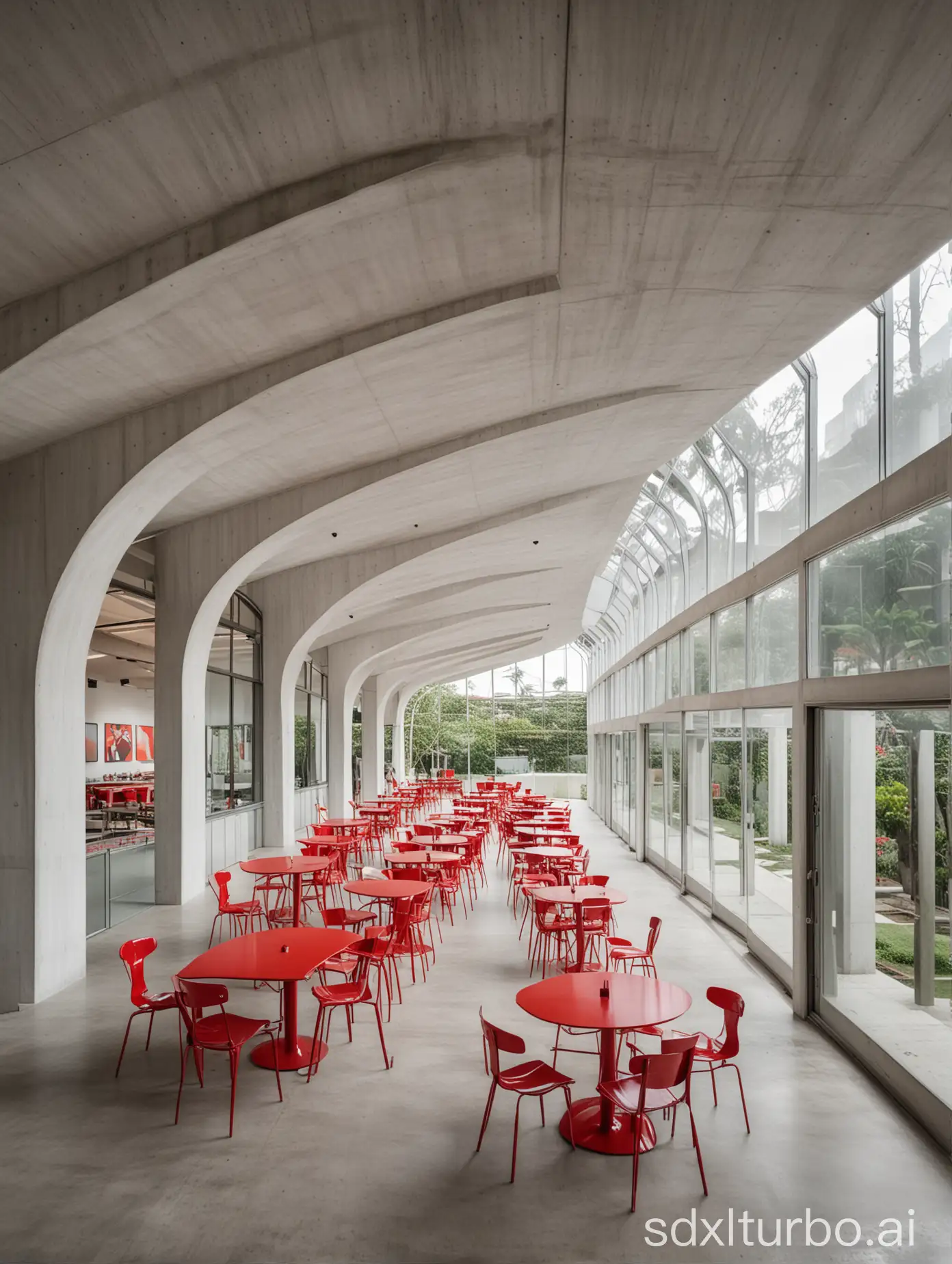 Technological, massive and expansive, the three-story curved concrete shed is painted in white and features a large outdoor desk configuration and lots of Fujian red dining tables and chairs.