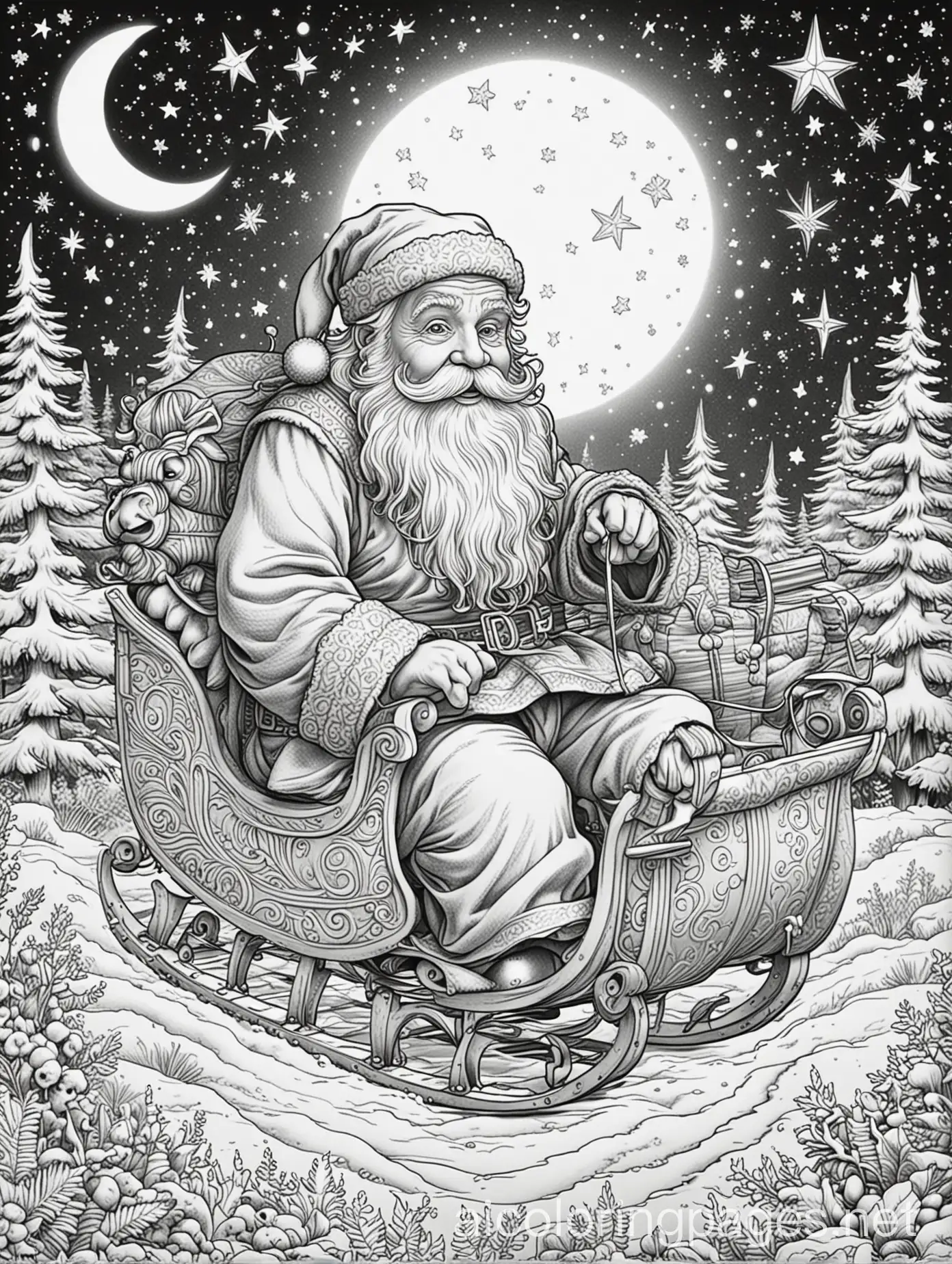 A robust, jolly Santa, sitting in his sleigh with a sack of toys, on a starry snowy night, the moonlight glinting off of Santa's face. Create a coloring book image of Santa Claus in a traditional sleigh. Santa's sleigh should be ornate with festive decorations. The scene should be whimsical and kid-friendly, with a clear, simple background suitable for coloring. Child's coloring book, distinct thick lines so a toddler can color it, child's coloring page, black and white, ample white space, highly detailed, intricate, elaborate, thick outlines to make it easy to color, Coloring Page, black and white, line art, white background, Simplicity, Ample White Space. The background of the coloring page is plain white to make it easy for young children to color within the lines. The outlines of all the subjects are easy to distinguish, making it simple for kids to color without too much difficulty, Coloring Page, black and white, line art, white background, Simplicity, Ample White Space. The background of the coloring page is plain white to make it easy for young children to color within the lines. The outlines of all the subjects are easy to distinguish, making it simple for kids to color without too much difficulty