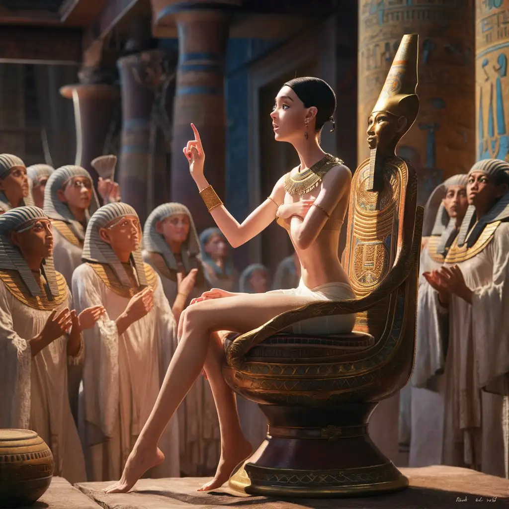 Ancient Egypt.  A charming young woman - completely naked, thin, petite - sits on the throne of the pharaoh and wisely teaches a group of priests in white robes, instructively raising the index finger of her right hand up.  Her left hand rests on the armrest of the throne.  The priests listen with reverence.