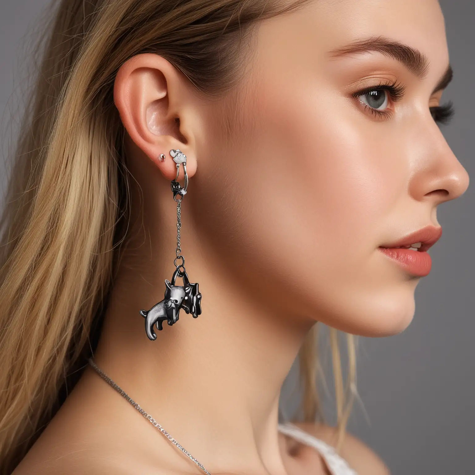 a young European female wearing cat claw dangling earrings