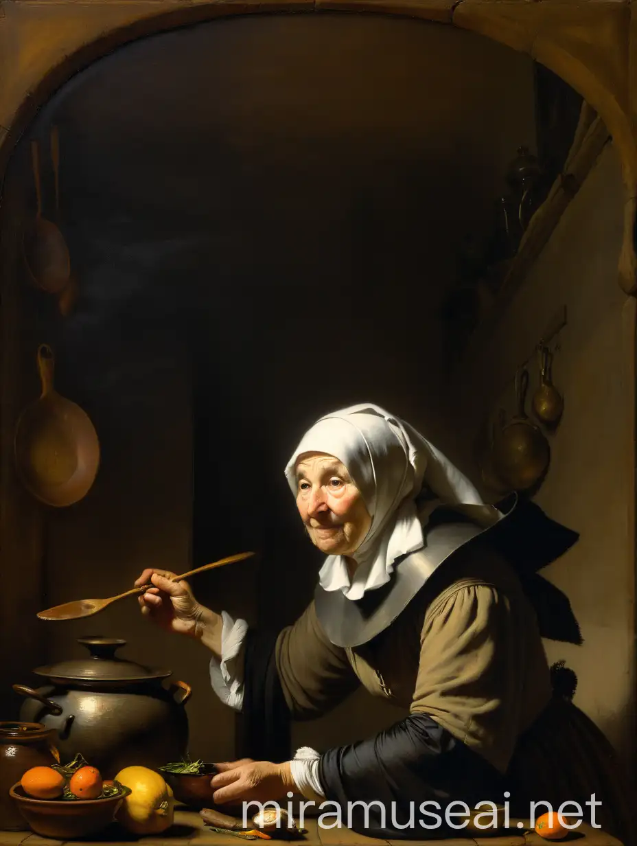 Old Woman in Kitchen Voodoo Scene with Rembrandtstyle Chiaroscuro