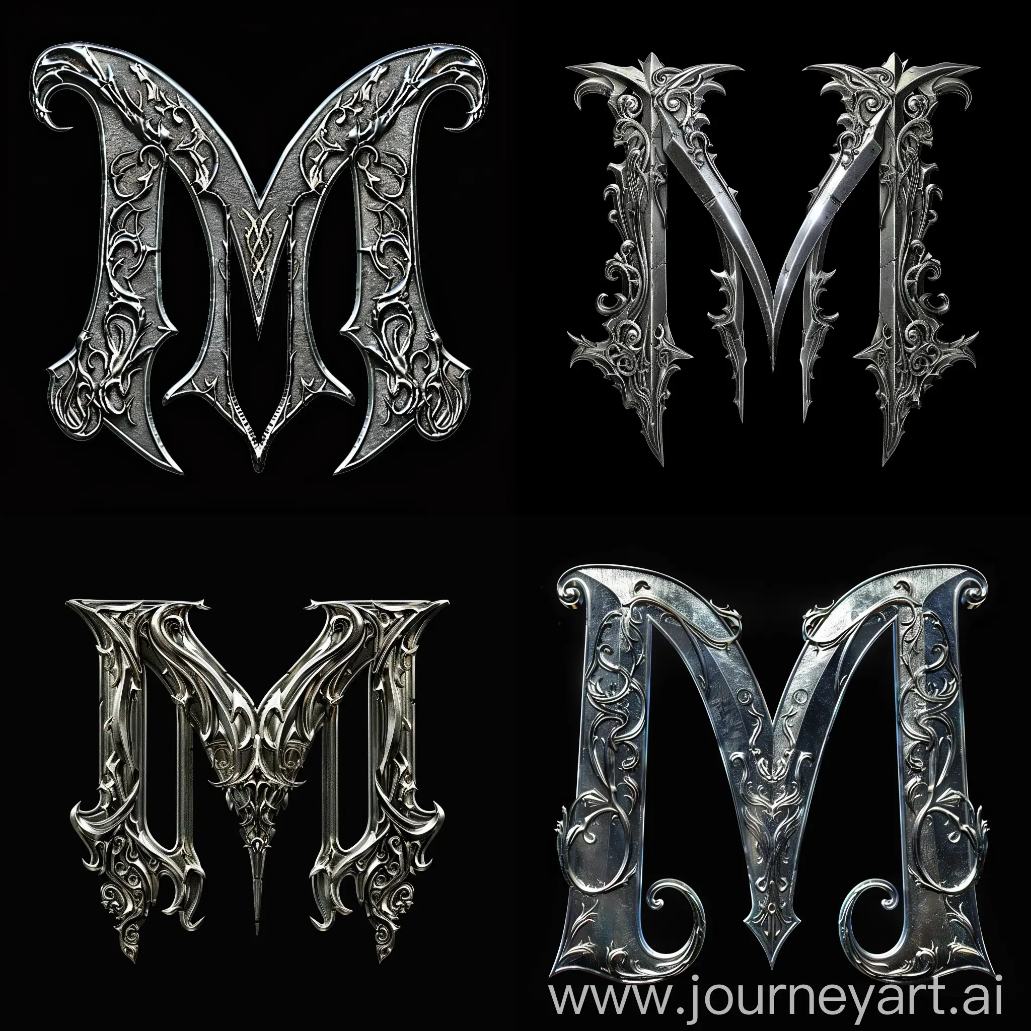 The silver "M" is symmetrical, Chrome Hearts jewels style, with two large letters on each side of the black background. The letter M has an intricate design and appears to be made from metal or shiny material. There's no other text in front of it just the silver 'm' . It looks like something out of fantasy or gothic horror, giving off a mysterious vibe. This artwork would make for a unique and eyecatching logo or emblem.