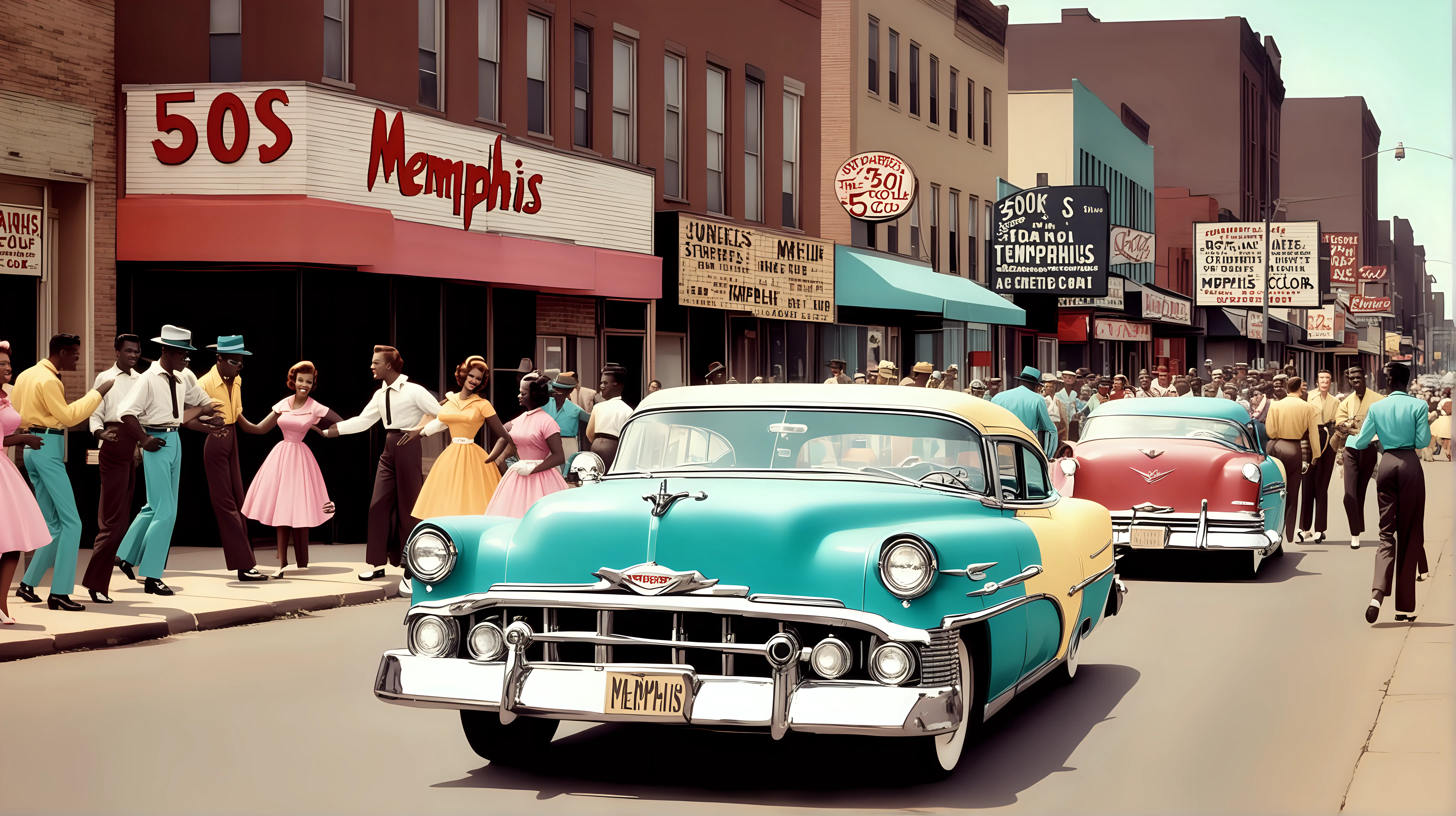 Rock'n roll des années 50 dans une rue de Memphis en couleur
