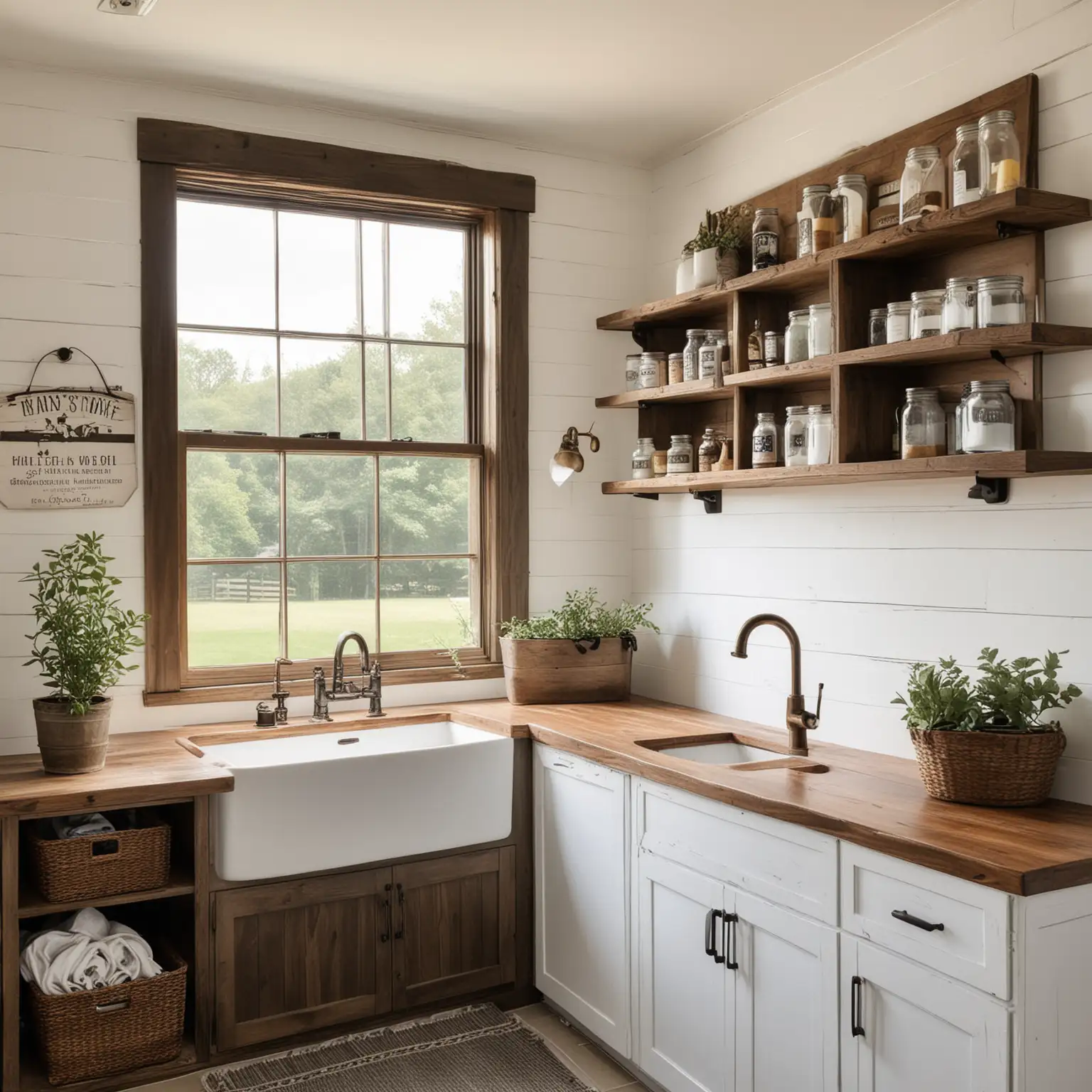 A modern farmhouse-style laundry room featuring white shiplap walls, dark wood cabinets, and a farmhouse sink with a brass faucet. There are open shelves with mason jars filled with laundry supplies, and the room is decorated with rustic signs. A large window overlooks the barnyard, and there is a cozy bench with storage underneath.