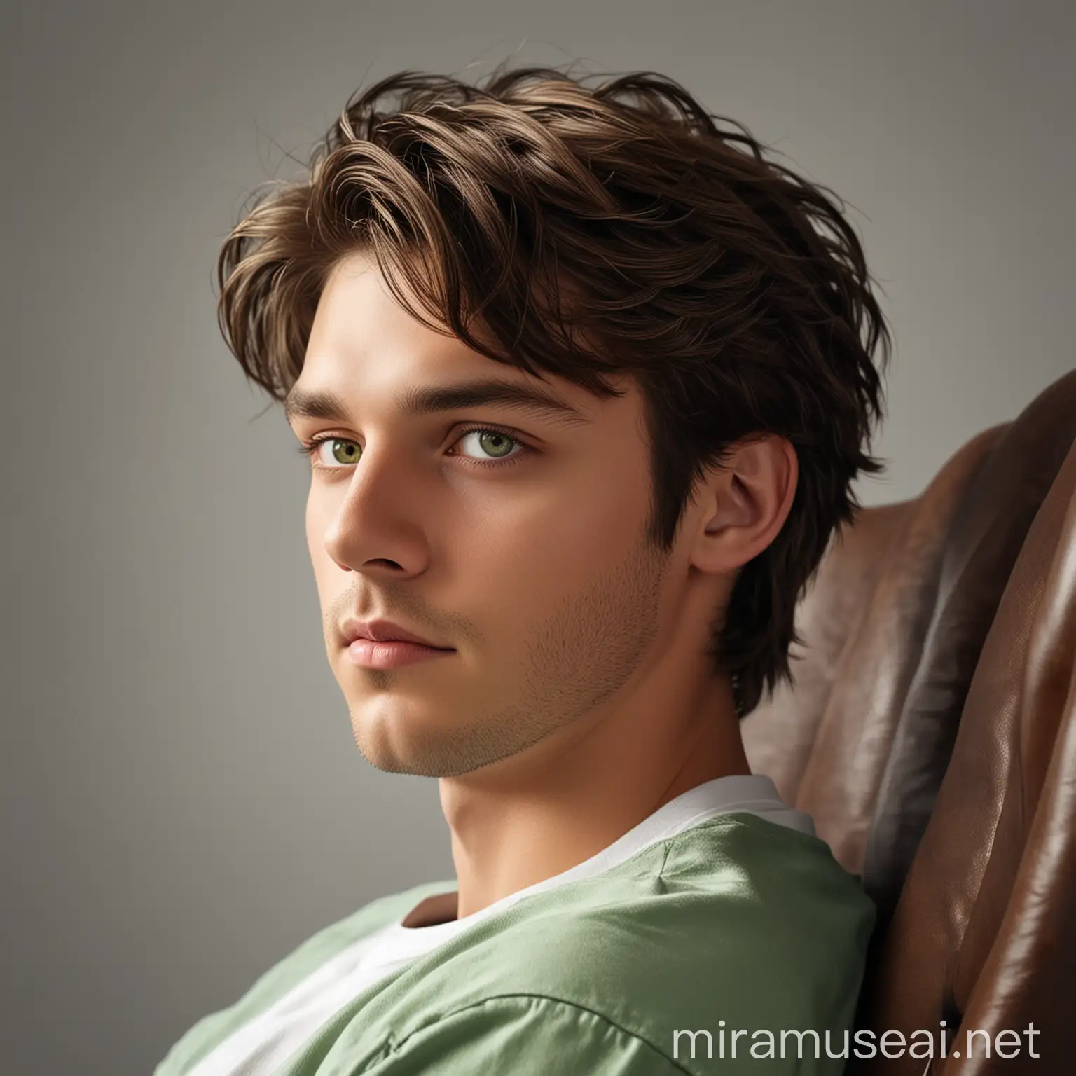Hyper realistic photo of eighteen year guy, dark brown hair, with highlights, green eyes, angel face, resting in chair bright light overhead, profile view
