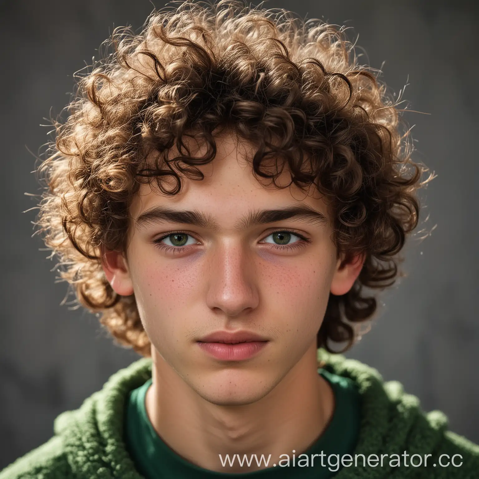 Портрет 18-летнего парня из России, с кудрявыми волосами, средним носом и темно-зеленными глазами.