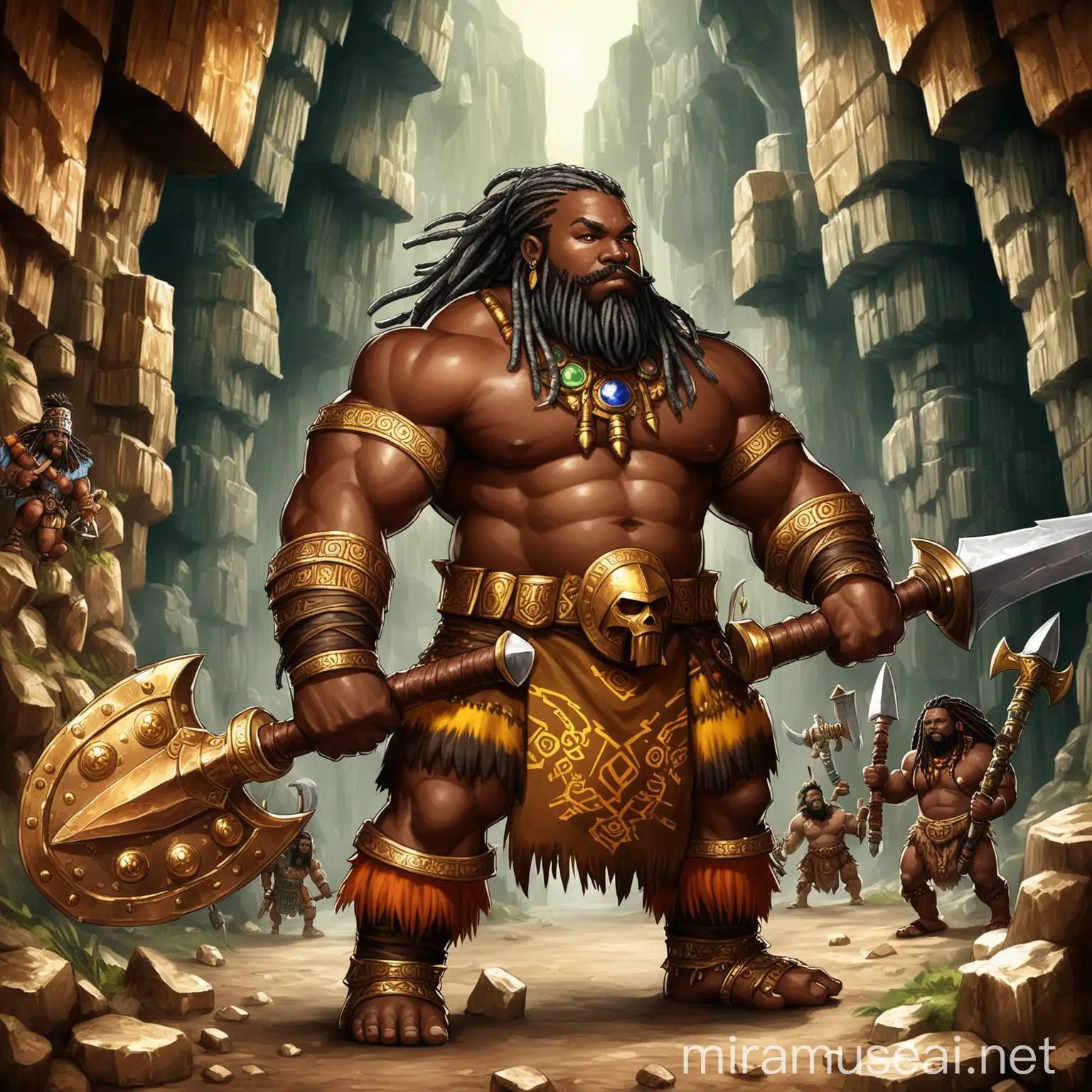 fantasy role playing game character, dwarf, barbarian, west african features, beard and hair in dred locs, oversized muscles, weapon of choice is artfully crafted warhammer, wild magic, minimal clothing of west african patterns prints and animal hides, skin is flecked with black and grey with gold streaks running through it similar to granite, background of caverns full of precious metals and gems and a great stone city