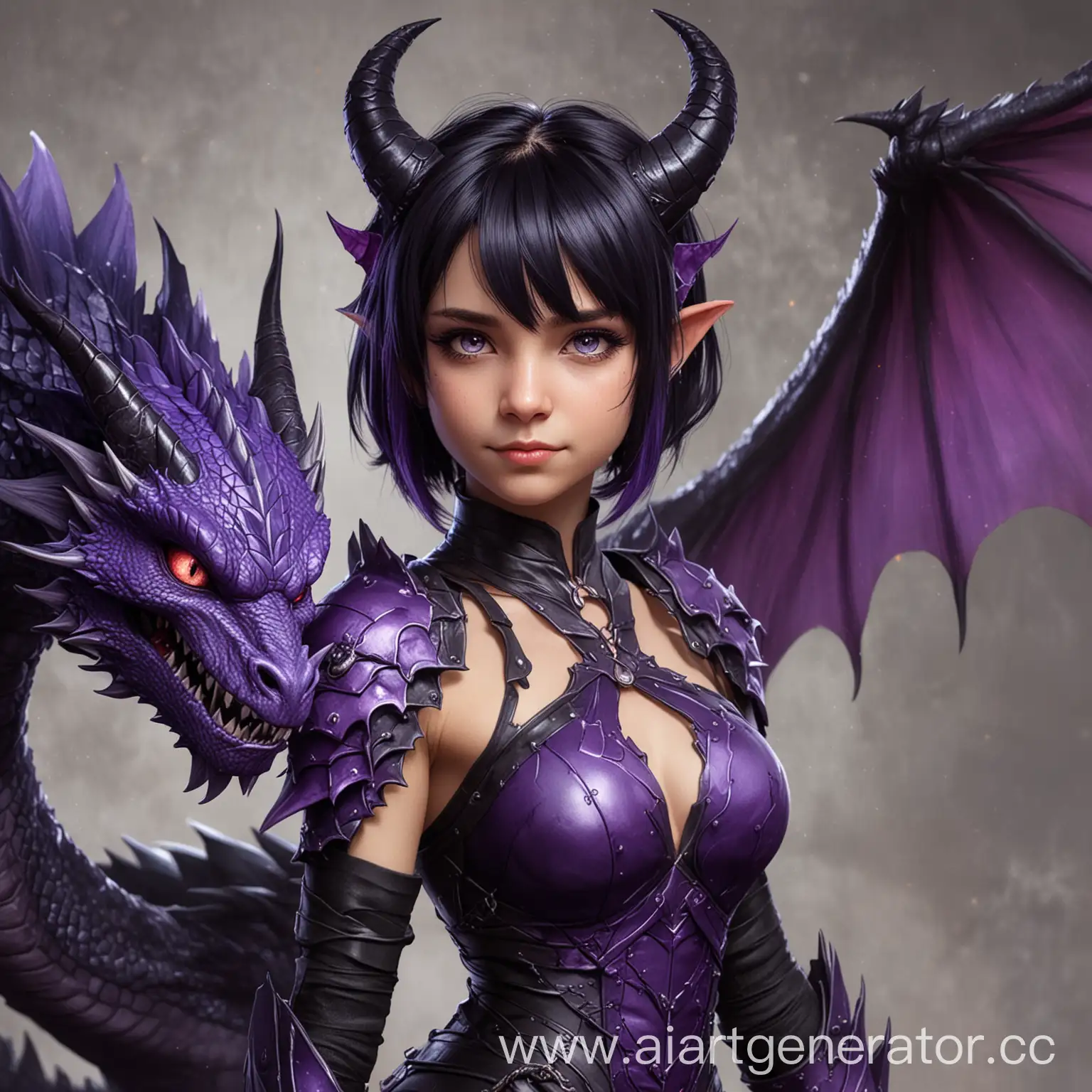 Дракон девушка с чёрными, короткими волосами до плеч, фиолетовые рога и фиолетовый драконий хвост