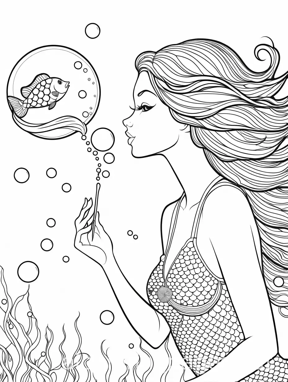 A mermaid blowing bubbles with a pufferfish., Coloring Page, black and white, line art, white background, Simplicity, Ample White Space. The background of the coloring page is plain white to make it easy for young children to color within the lines. The outlines of all the subjects are easy to distinguish, making it simple for kids to color without too much difficulty