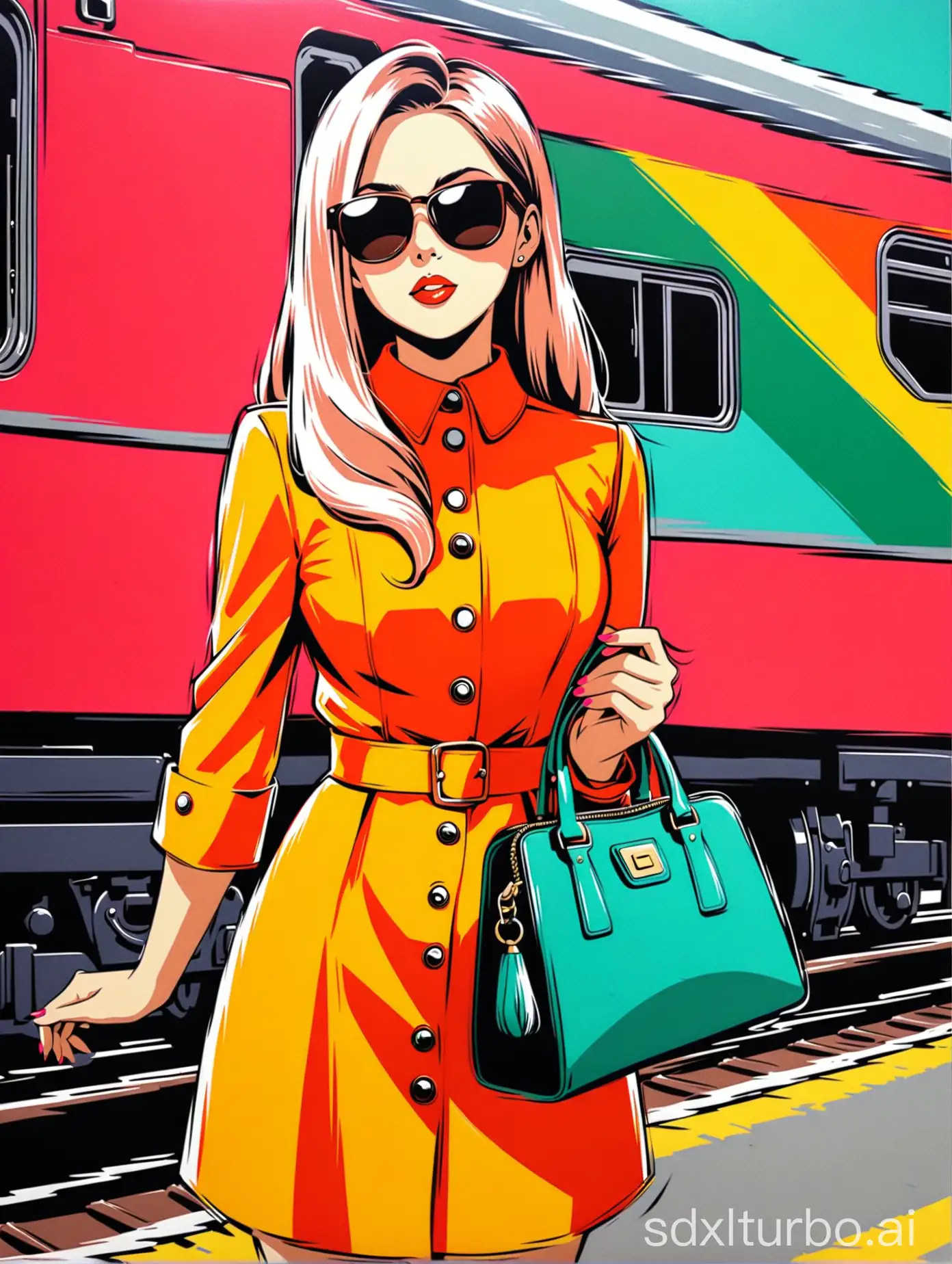 photo of a girl, waist-deep photo, against the backdrop of a train, standing with a handbag, sunglasses, colorful pop art, pretentious aesthetically, beautiful