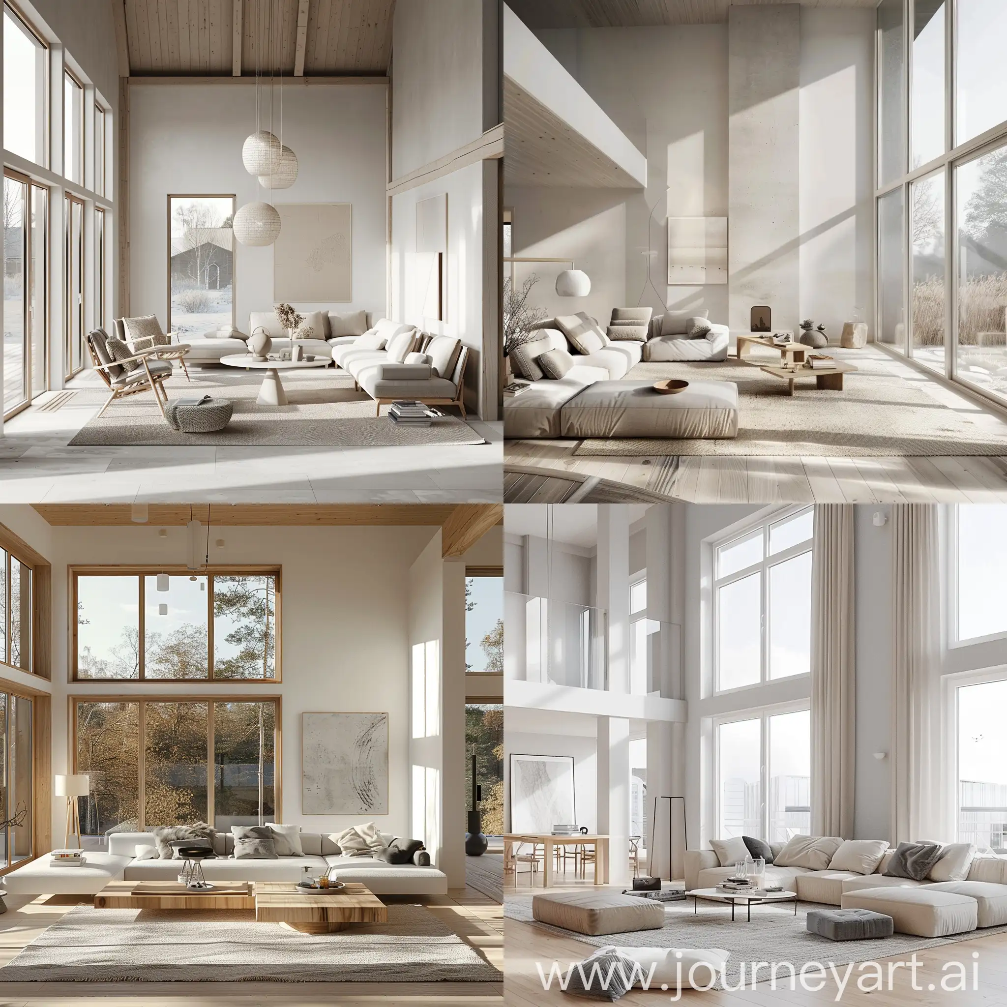 Create a spacious, well-lit living room in Nordic style with large windows, minimalist modern furniture, and light wood tones. The room should have ample natural light, white and gray color palette, and an open, uncluttered layout.
