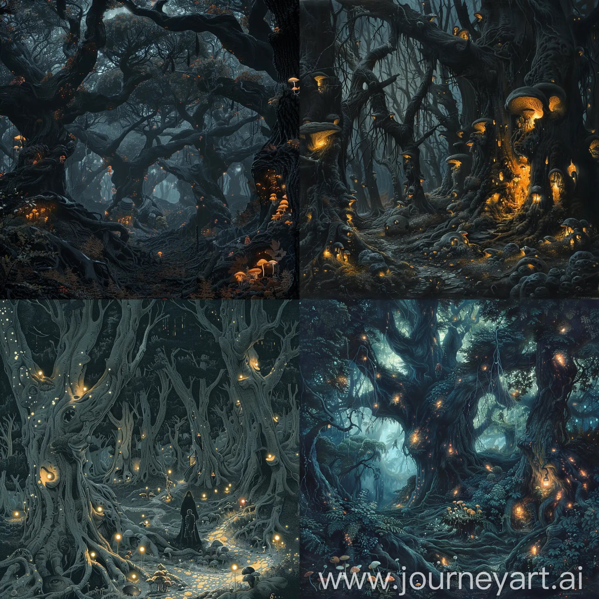 A dark forest filled with ancient trees, with glowing mushrooms and strange creatures, in the style of Gustave Doré.