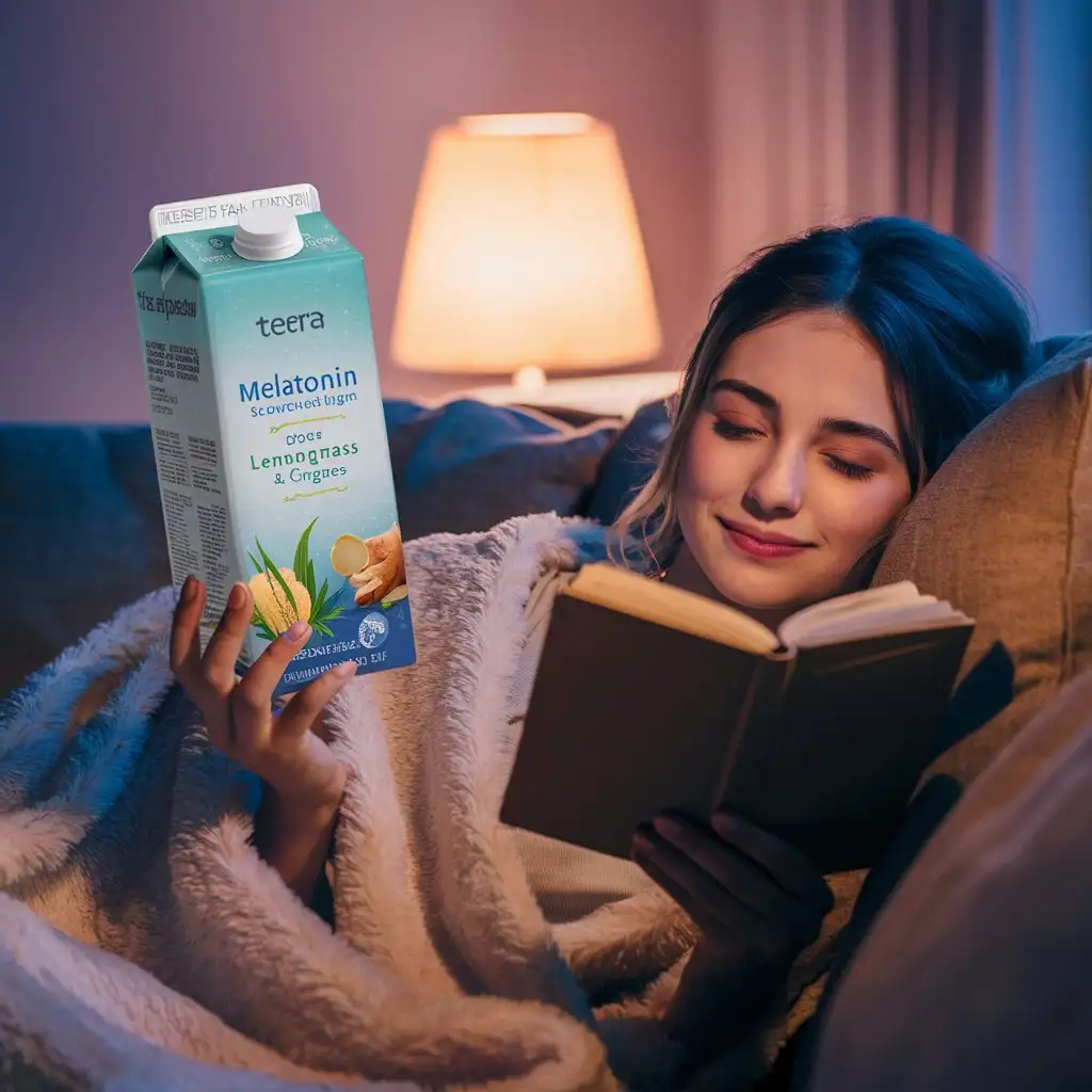 Young Woman Drinking Melatonin Lemongrass Honey Ginger Beverage While Reading on Couch