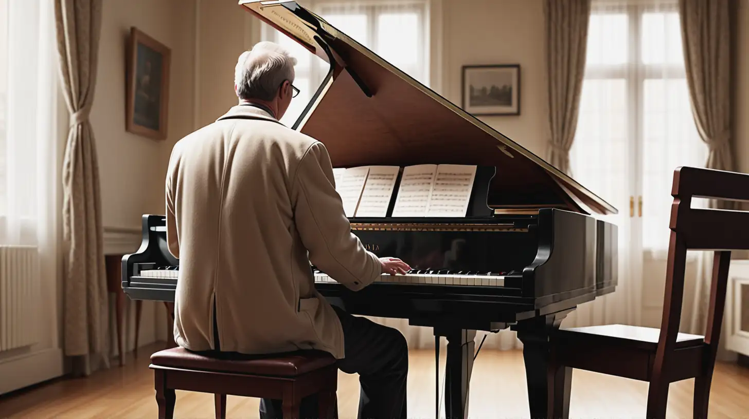 Create an image of the back view of a father playing the piano, evoking a sense of nostalgia. The setting should feel warm and intimate, capturing the essence of a cherished memory.