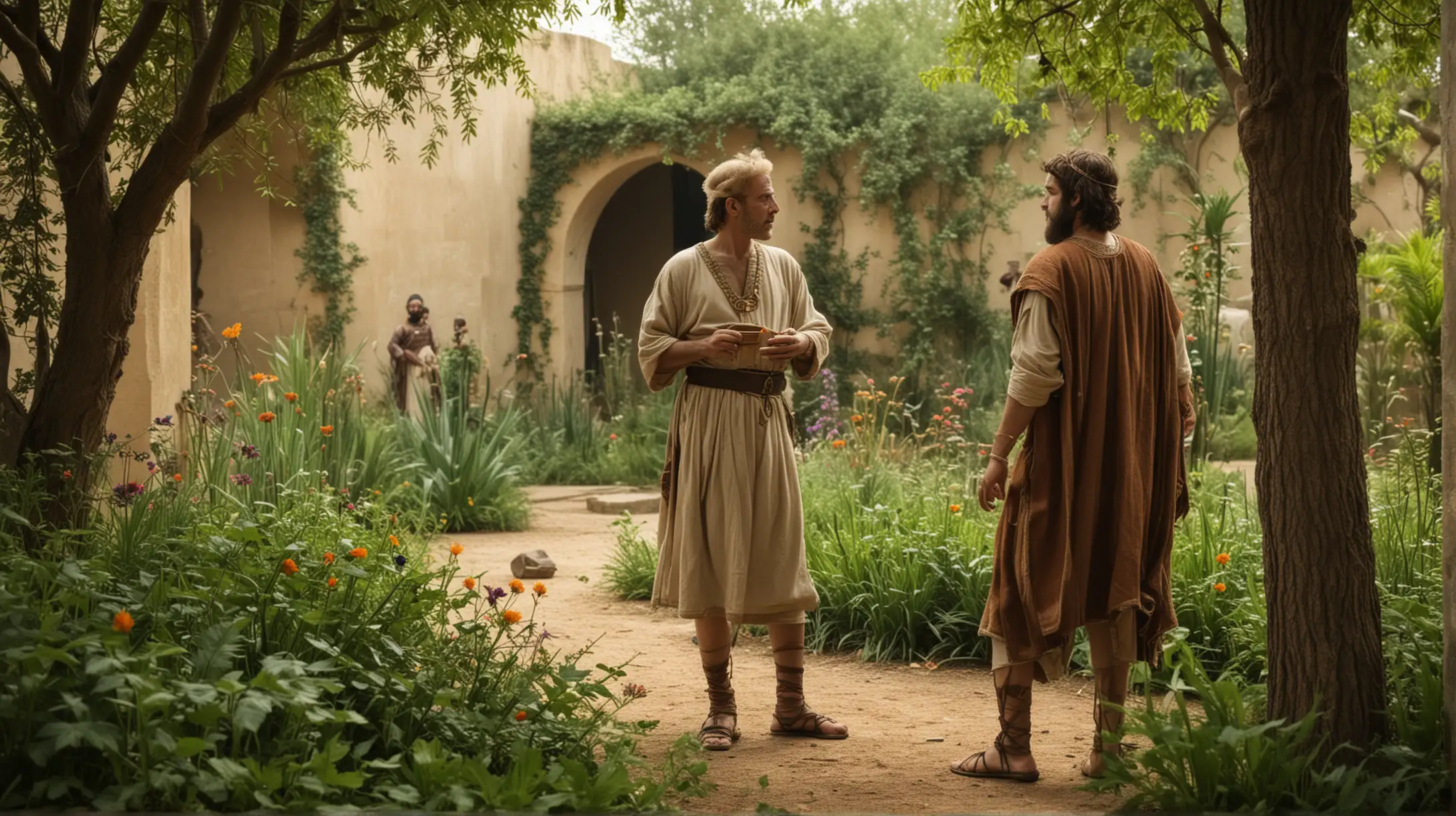 a scene in a King's garden, where a man has a javolin, and there is another man in the background. Set during the Biblical era of King David