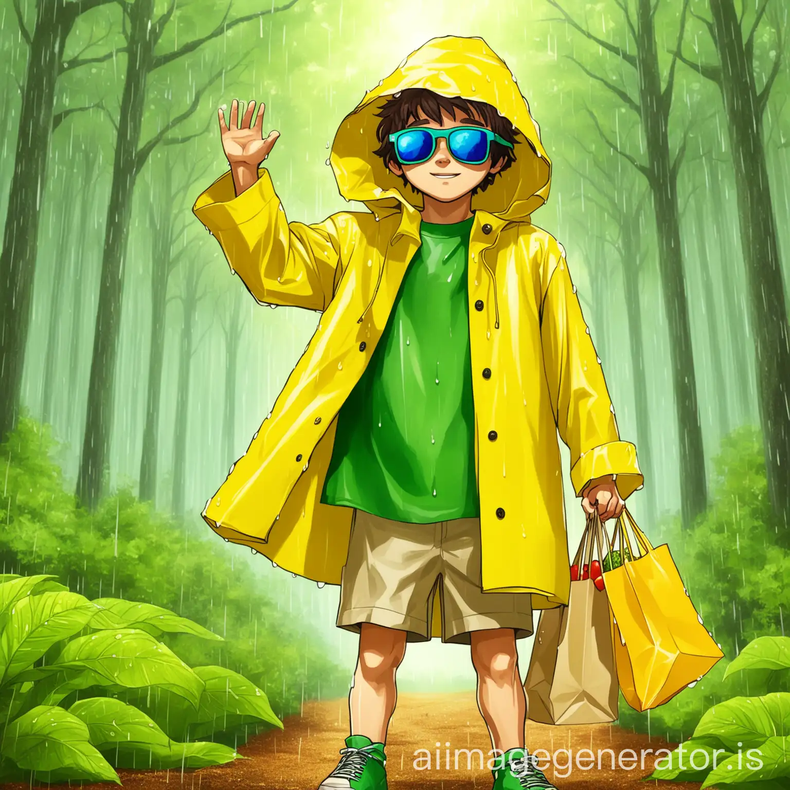 Изображение мальчика Эко-героя на фоне чистой лесной поляны в костюме салатового цвета и жёлтом плаще с эко-шопером и эко-солнечными очками