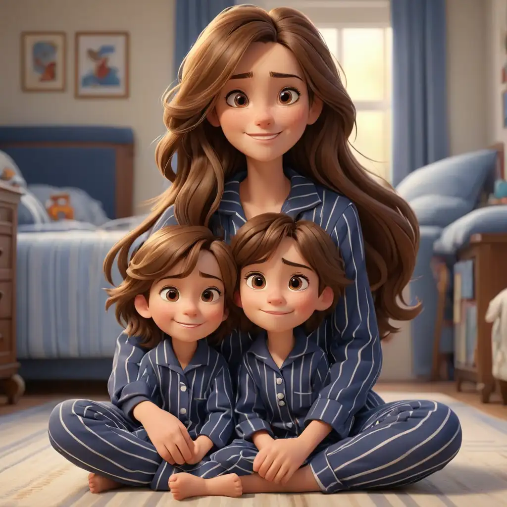 Disney pixar theme, 3d animation, beautiful mom, long brown hair and brown eyes, son brown hair and brown eyes, happily sitting on the floor wearing navy blue stripe pajamas