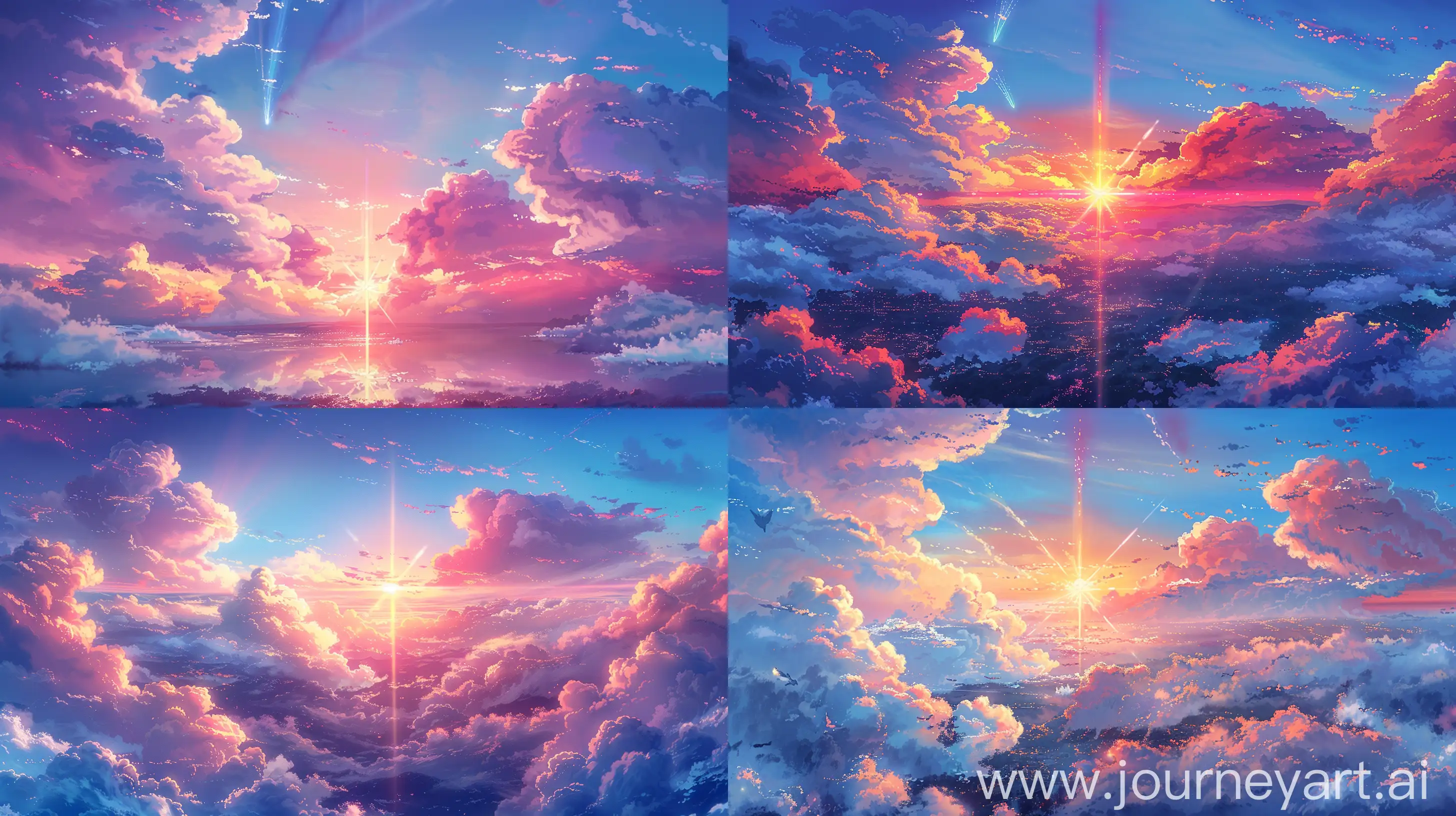  Your name anime movie, stunning sky beauty, watercolor sketch painting aesthetic, soft pastels, delicate brush strokes, ethereal clouds, luminous twilight hues, heartfelt scene, emotional depth, traditional Japanese art influence, panoramic view --ar 16:9 --s 700 --v 6