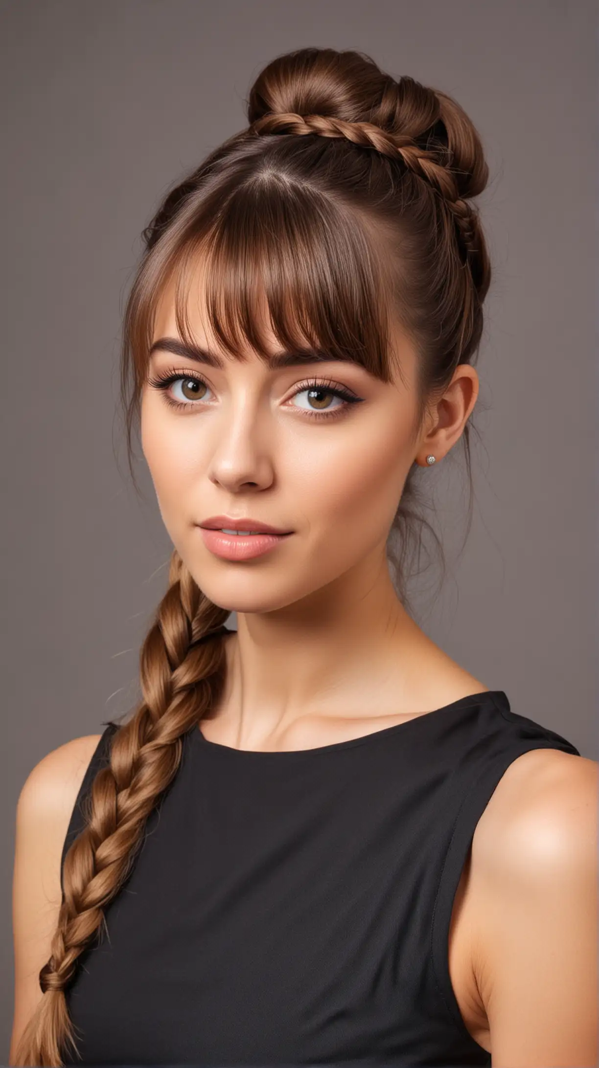 beautiful girl model, hairstyle - Braided Crown Ponytail with Straight Bangs, age 30 years, background - formal events
