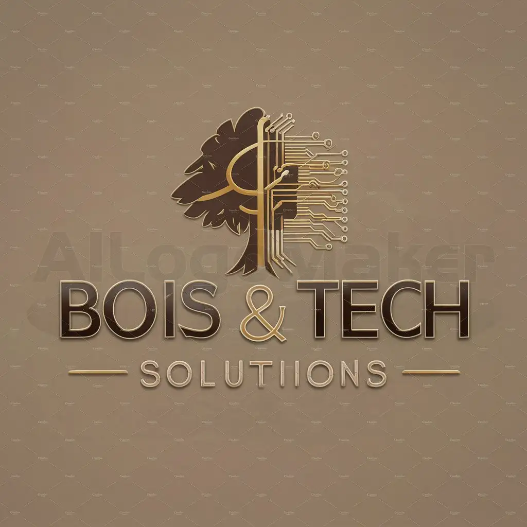a logo design,with the text "BOIS & TECH SOLUTIONS", main symbol:Create a logo for BOIS & TECH SOLUTIONS, a dynamic and innovative company specializing in custom woodworking. The logo should reflect our mission to revolutionize the woodworking industry by combining traditional craftsmanship with cutting-edge technology. Our goal is to provide high-quality, precise, and elegant custom wood products using CNC machines. The logo should incorporate elements that signify woodworking, technology, and innovation. It should have a wooden aesthetic, showcasing textures and details that represent wood. The design should convey a sense of trust, quality, and sophistication, illustrating the harmonious blend of artisanal skill and advanced technology.,Moderate,clear background
