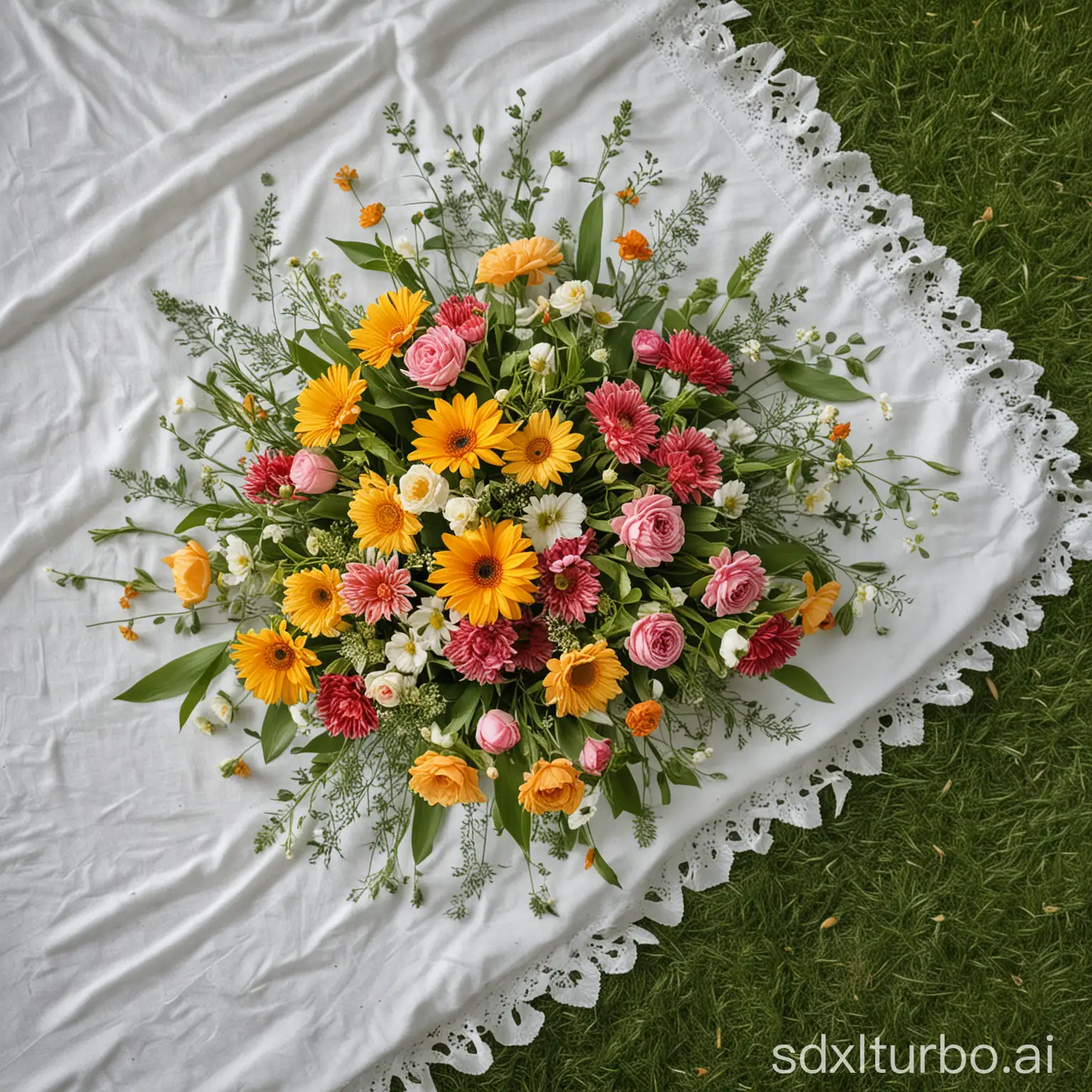 a bunch of beautiful arranged flowers, on a white tablecloth, surrounded by green lawn