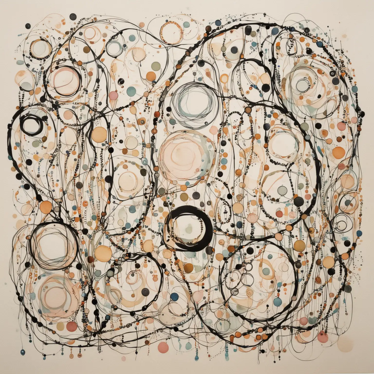Abstract Watercolor Painting with Irregular Circles Vines and Beads on Ivory Background