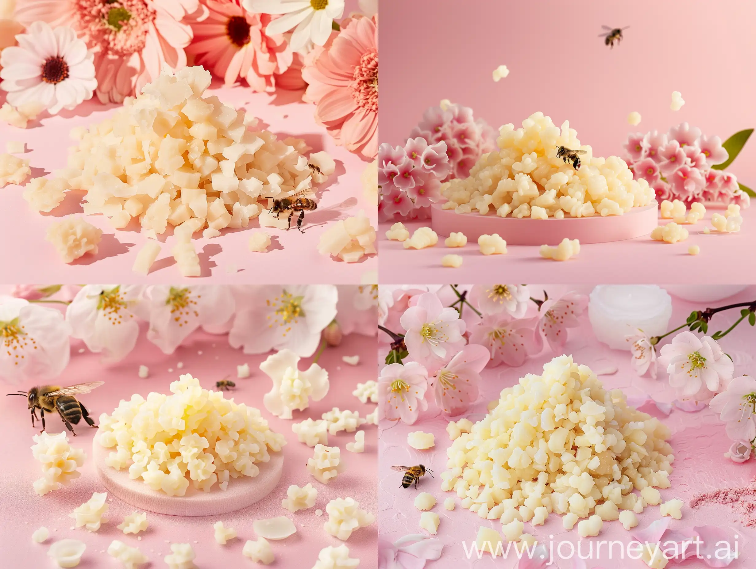 product photography, white beewax in granules positioned on the pink low stage witn flowers with bee and cells