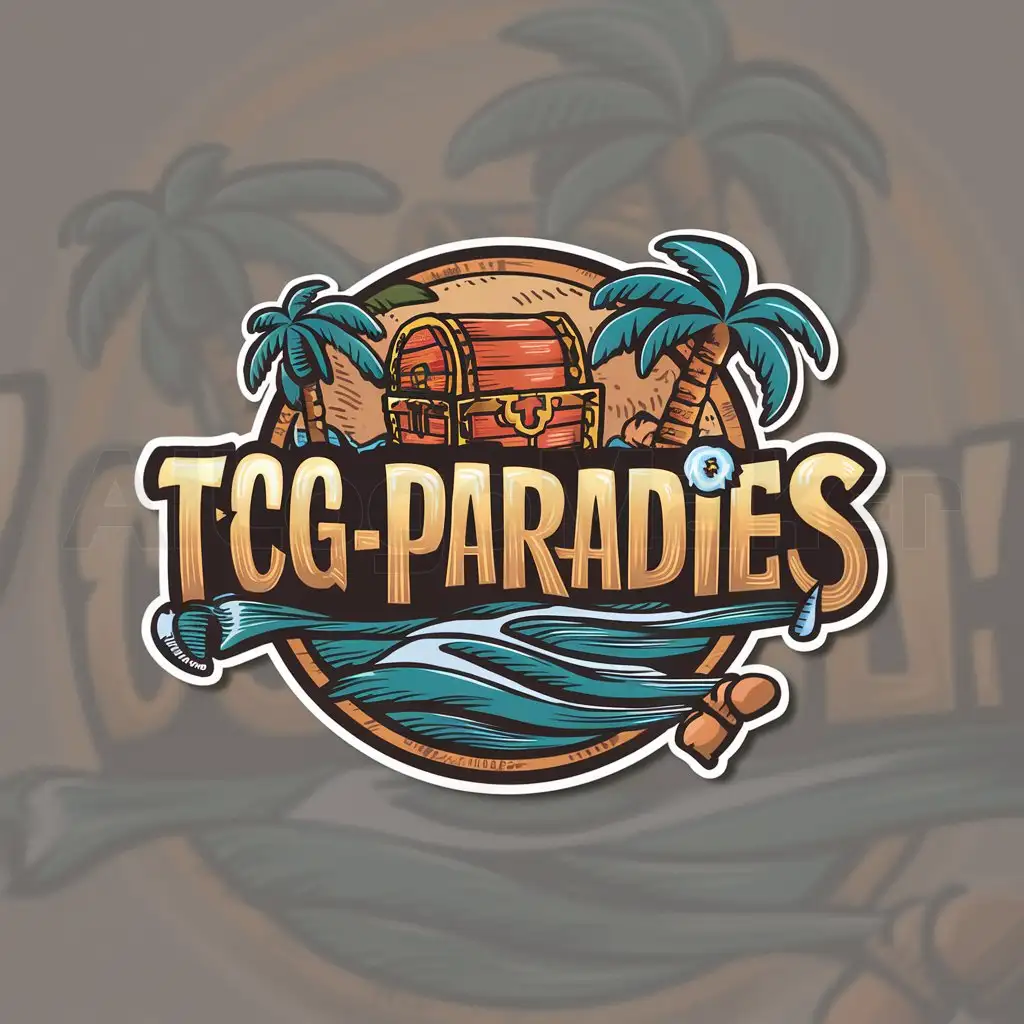 a logo design,with the text "TCG-Paradies", main symbol:round Logo, colorful, anime-style, One Piece inspired, palm trees, adventure, exciting,Moderate,clear background