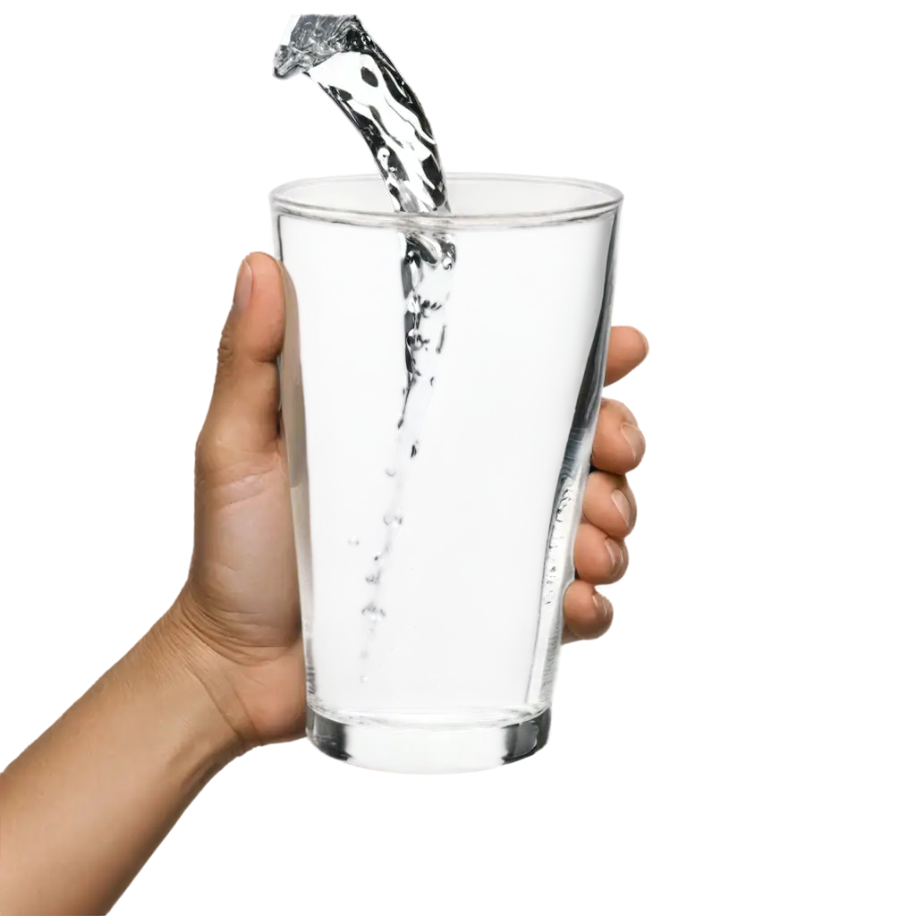 A hand holds a glass from which water is pouring.